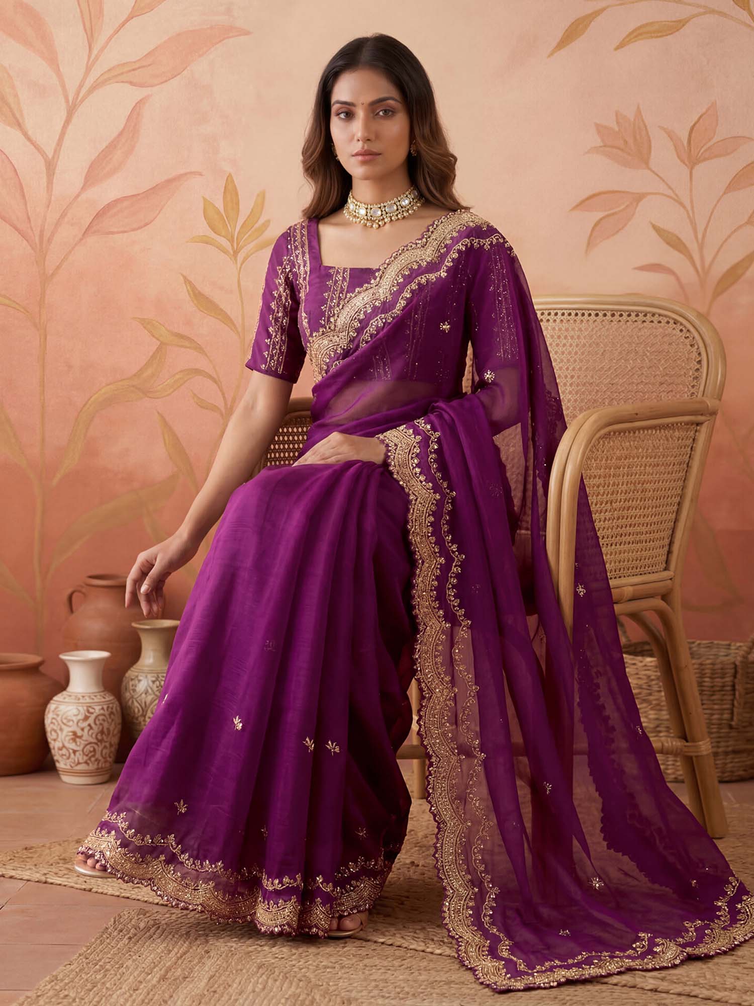 Wine Sequined Embroidered Scalloped Border Chiffon Saree with Unstitched Blouse
