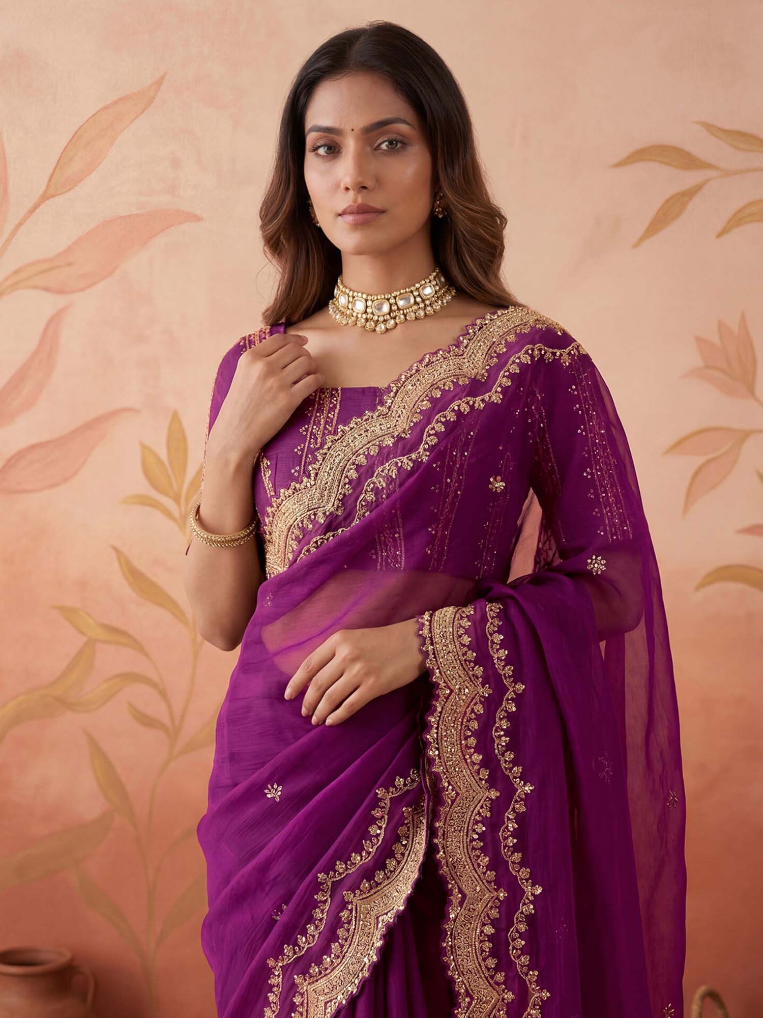Wine Sequined Embroidered Scalloped Border Chiffon Saree with Unstitched Blouse