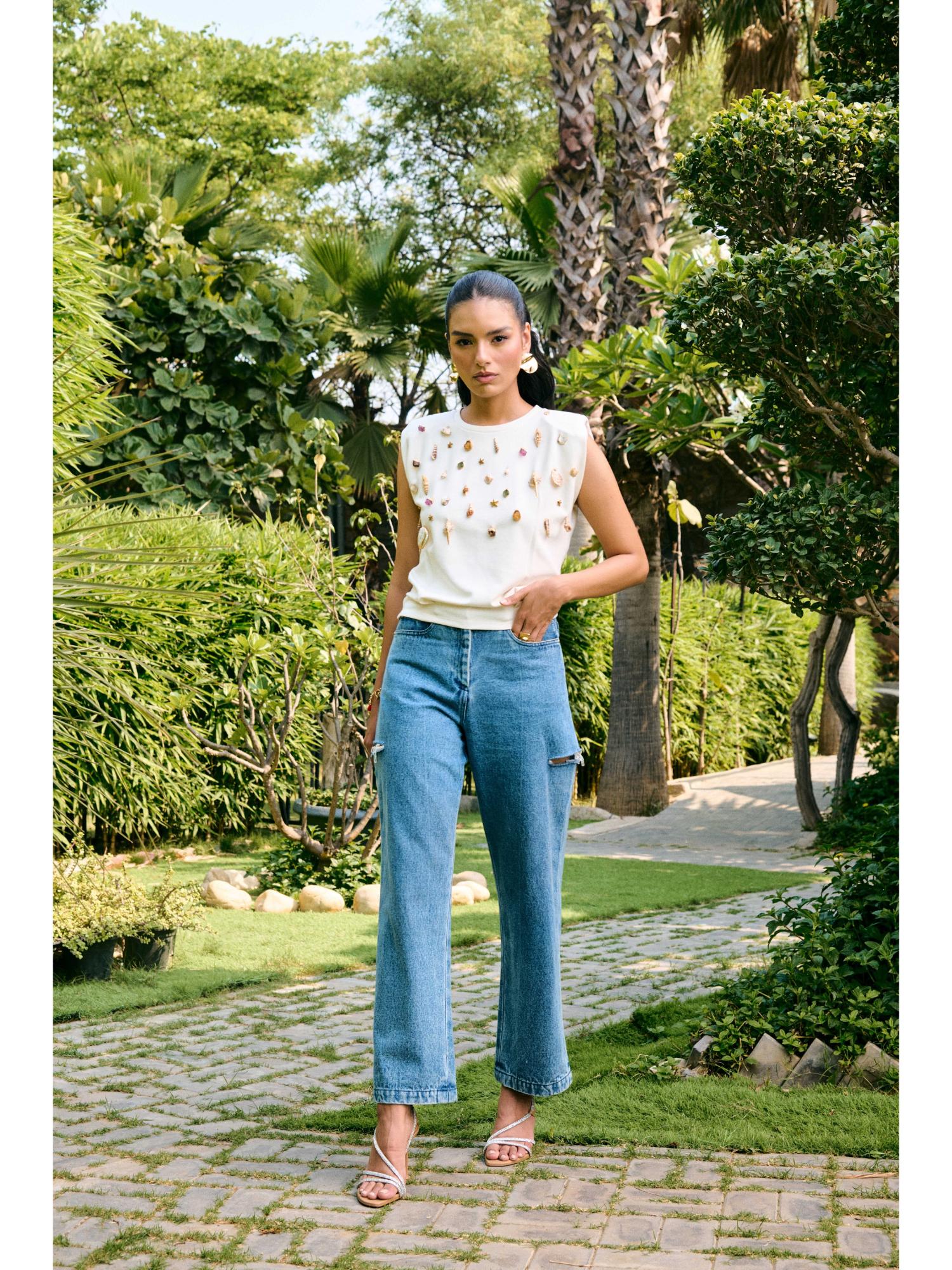 Coral Off White Embellished Top with Pant