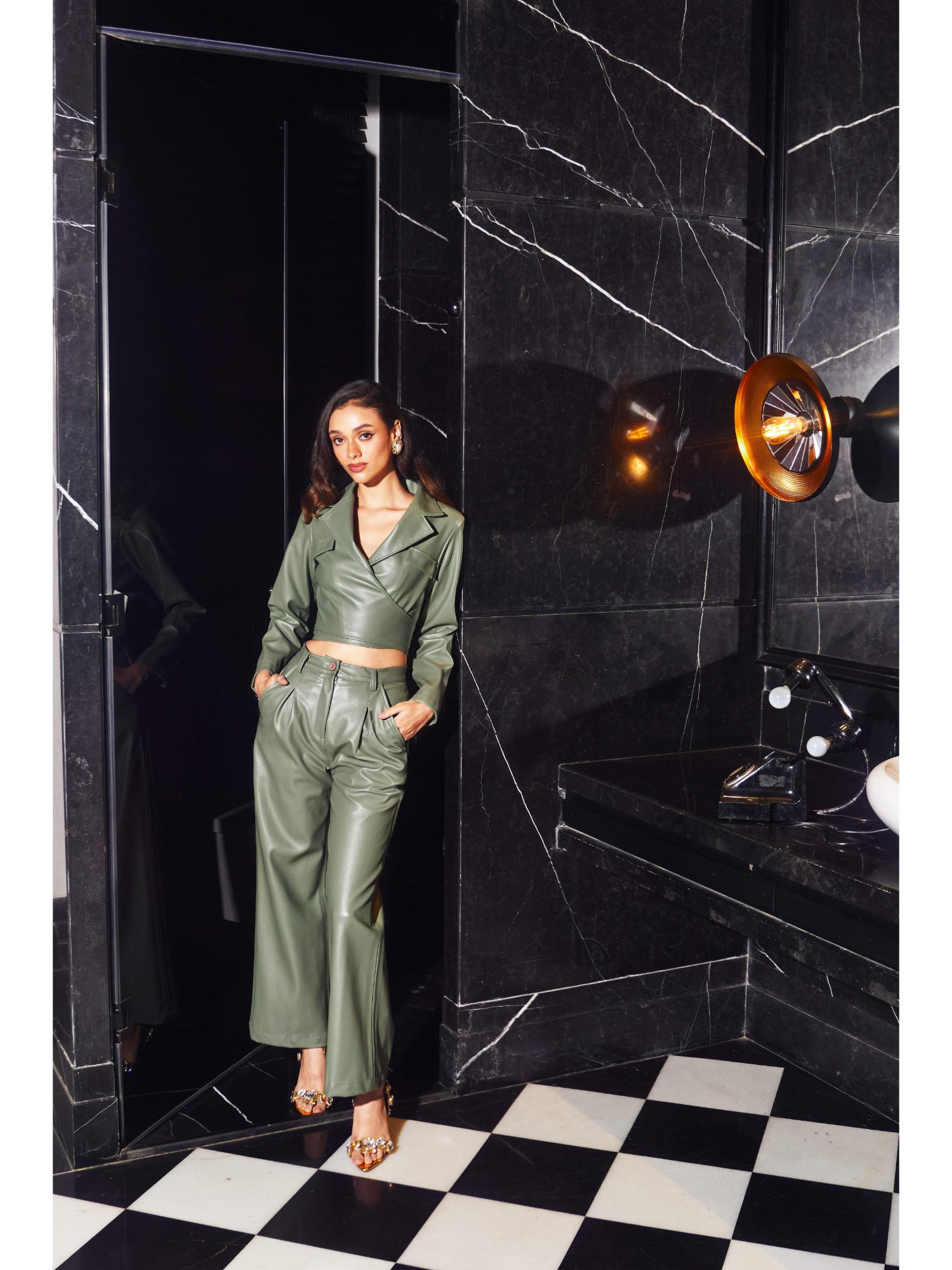 Faye Green Lather Palin Crop Jacket with Pant