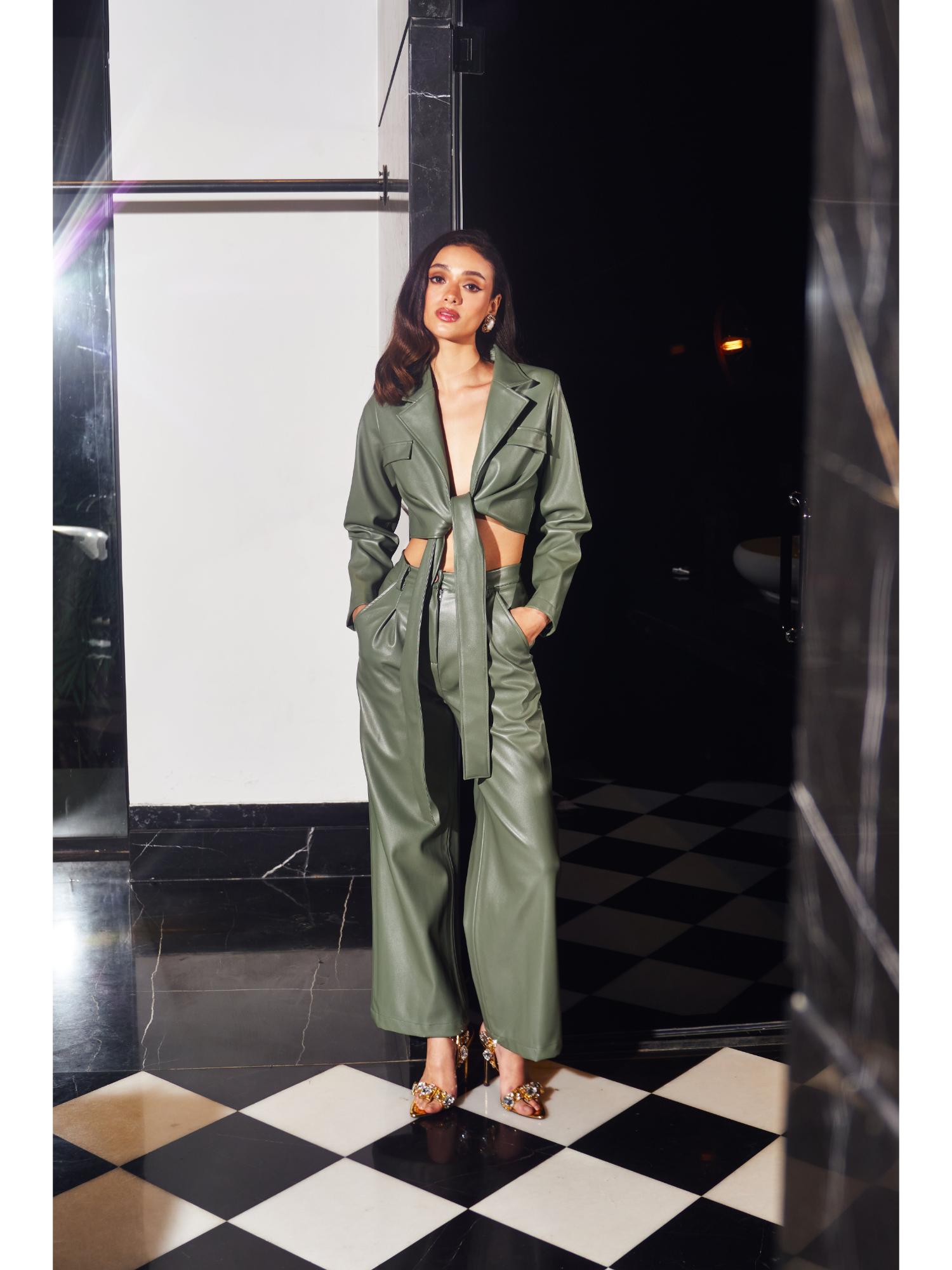 Faye Green Lather Palin Crop Jacket with Pant