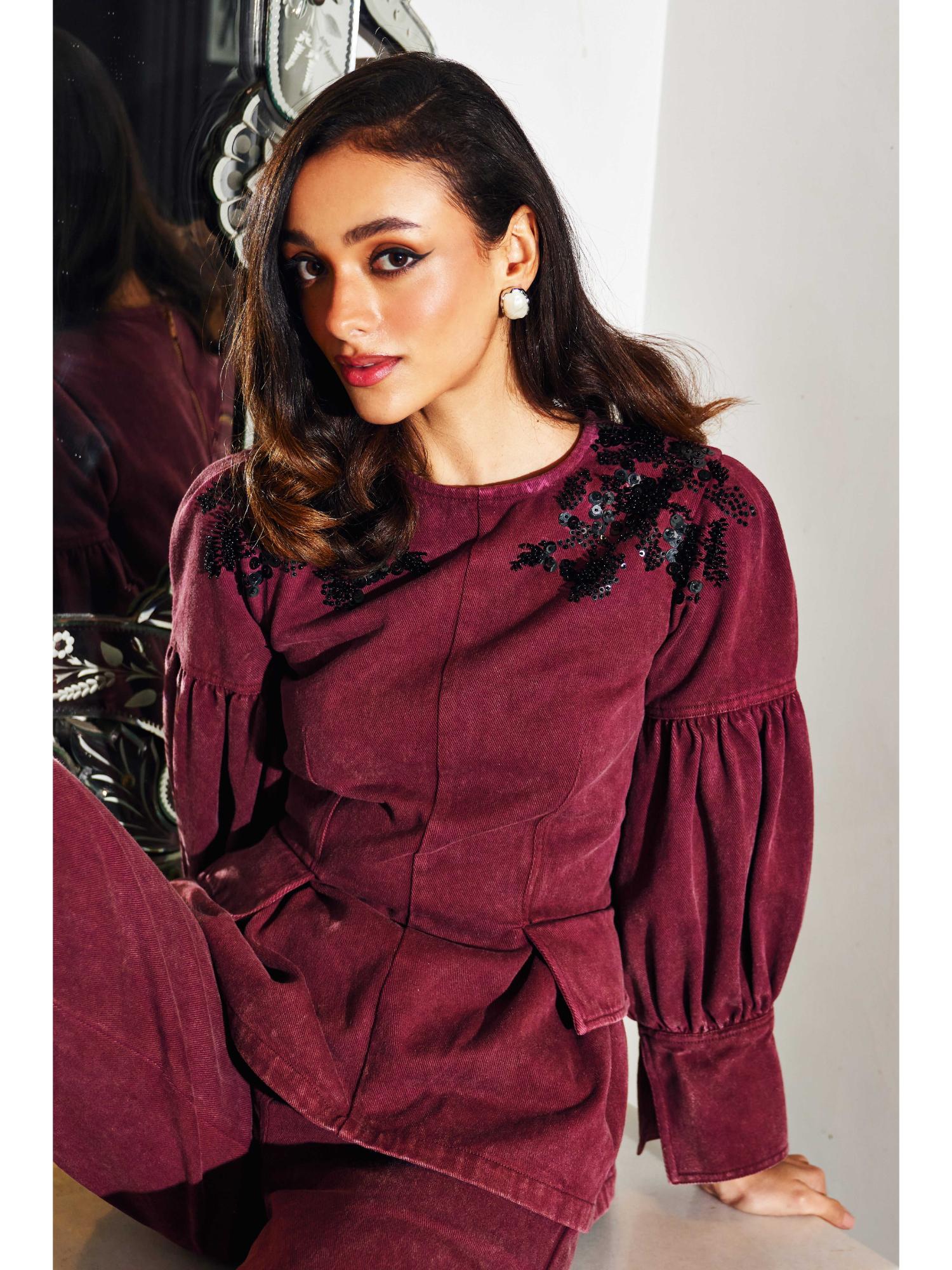 Gabi Burgundy Denim Top and Pant
