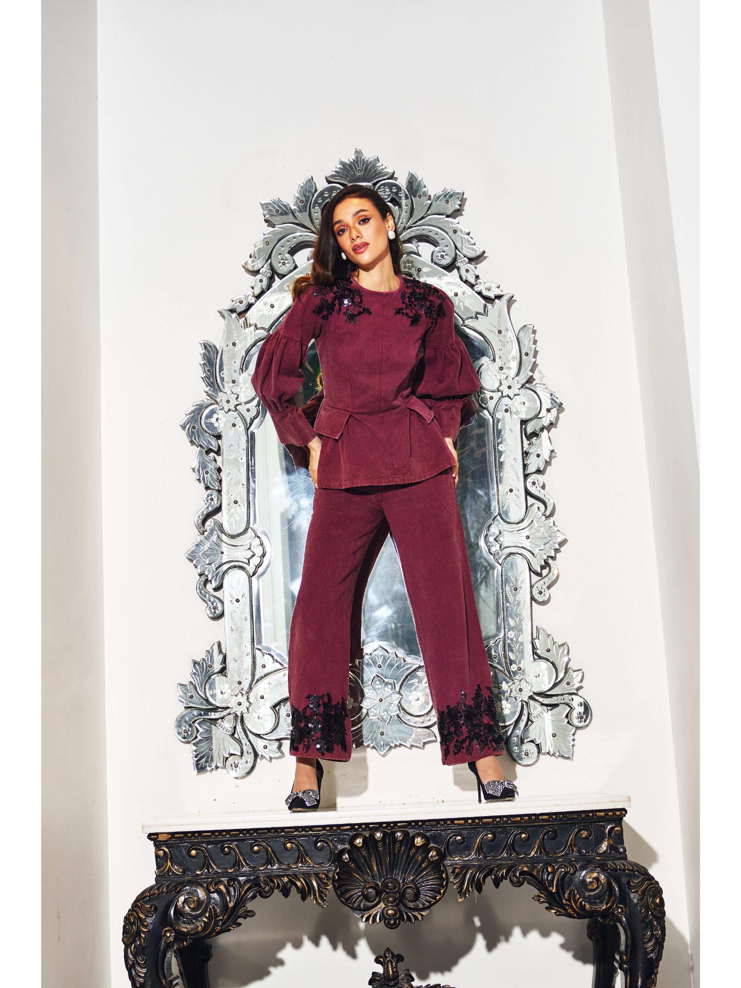Gabi Burgundy Denim Top and Pant