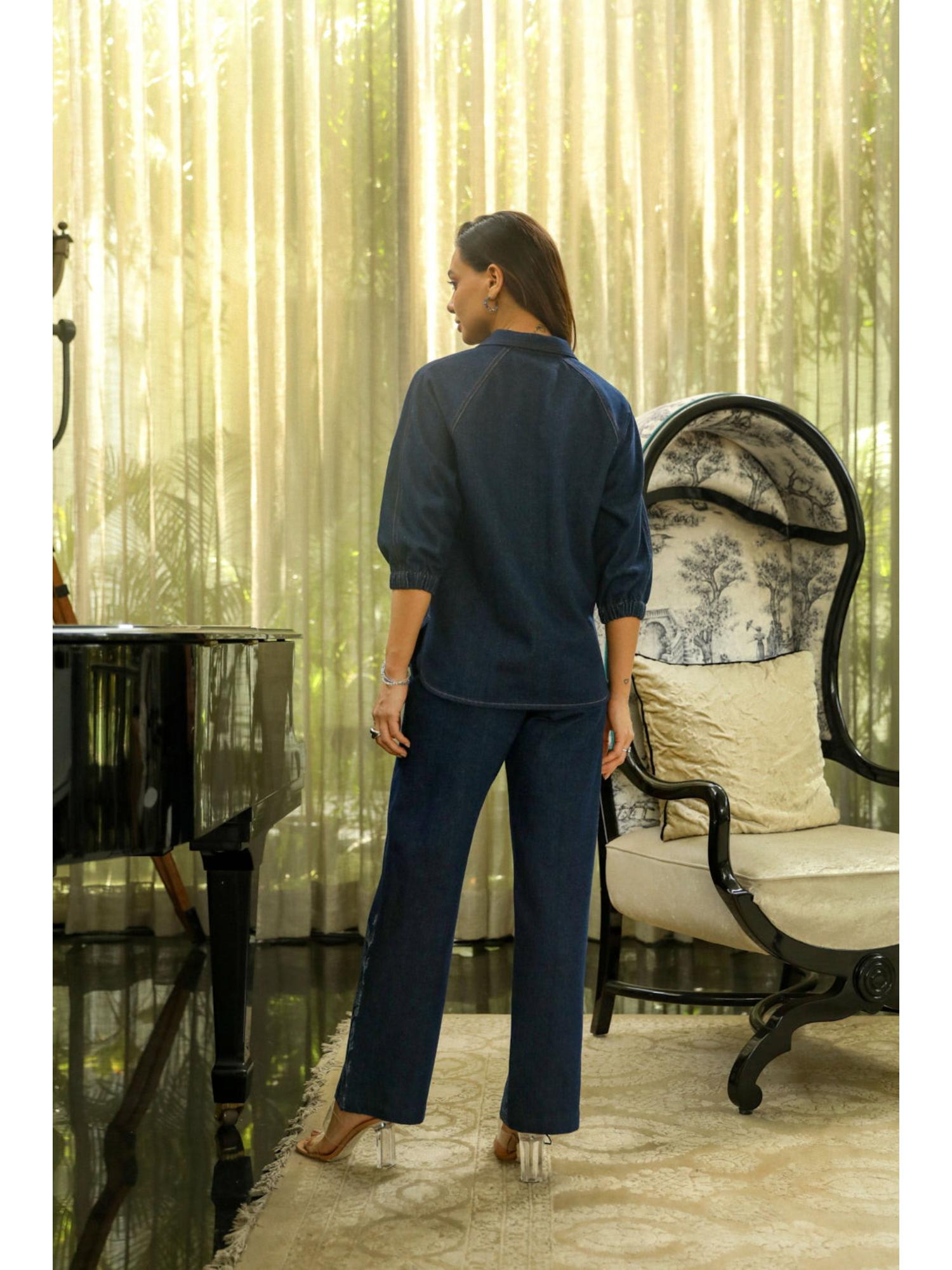 Lowis Blue Denim Thread Work Top with Pant