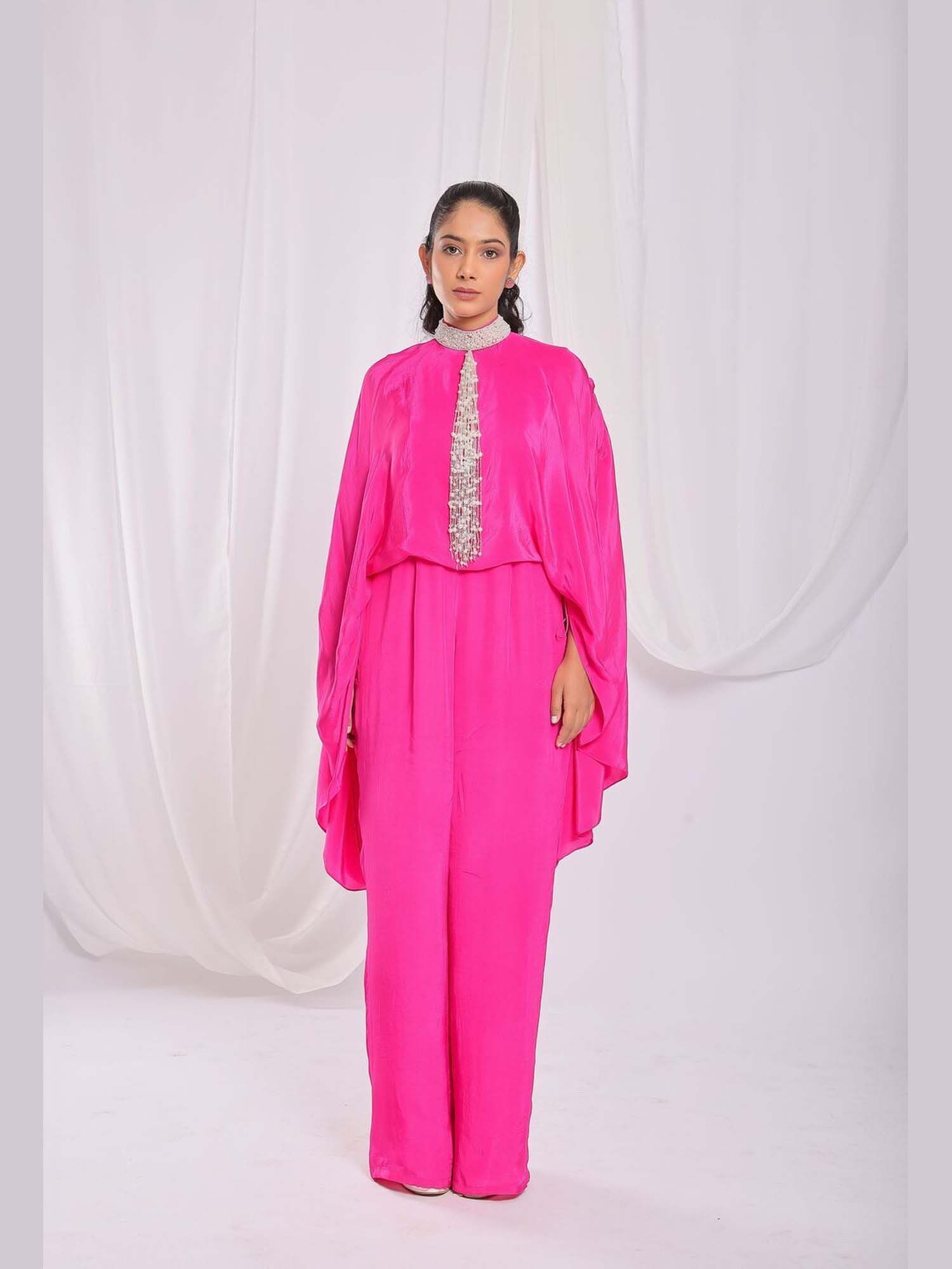 Tassel Tie Embroidered Cape Jumpsuit