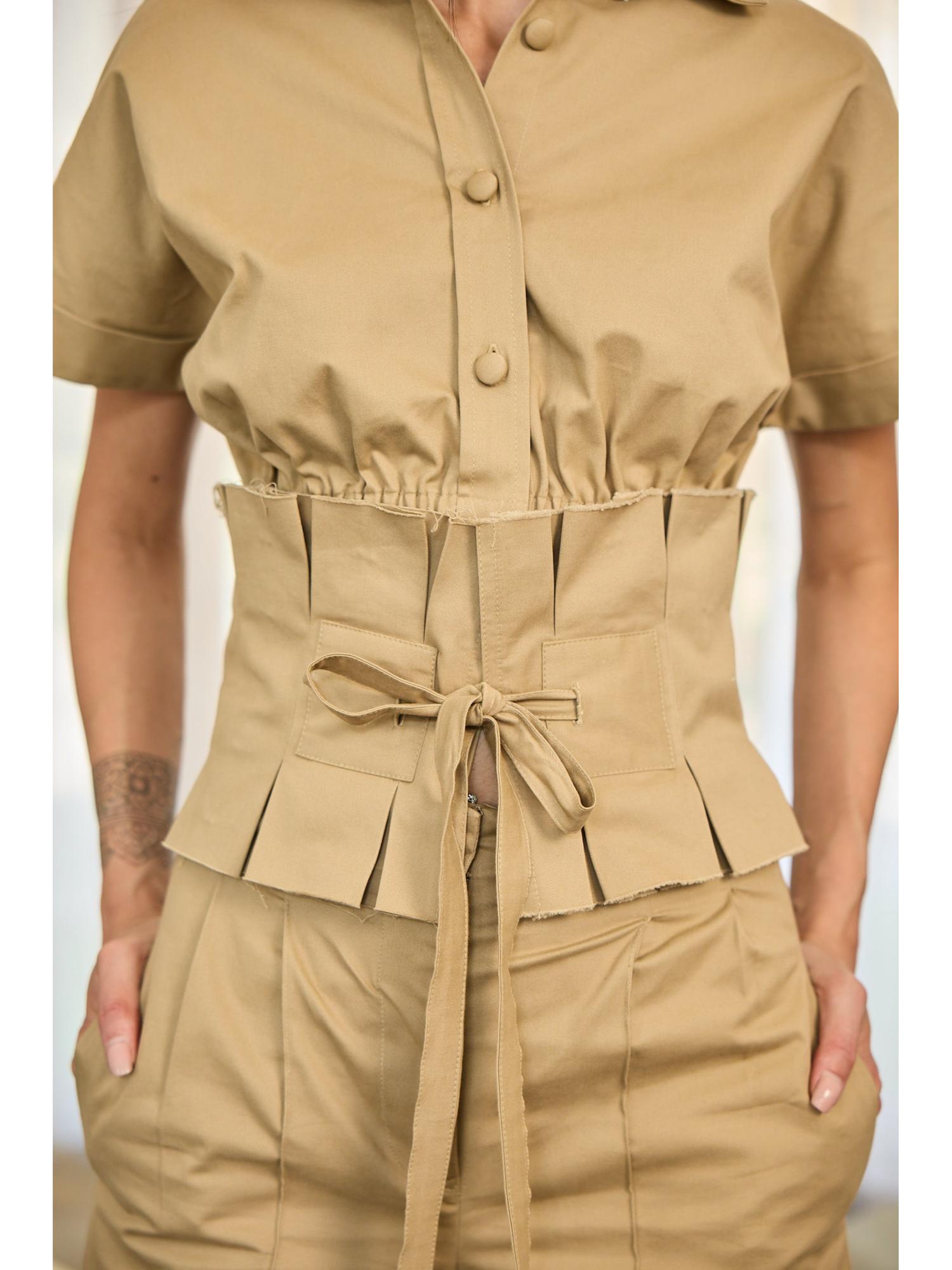 Naoria Beige Cotton Plain Top and Pant with Belt