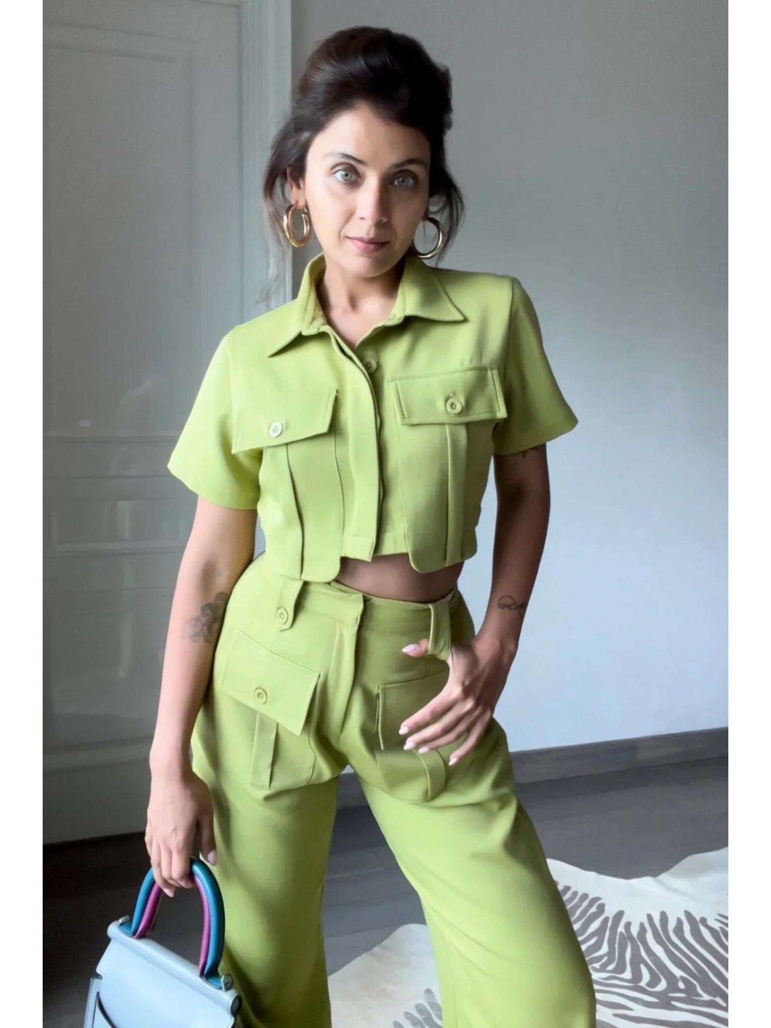Olive Green Crepe Palin Crop Shirt and Pant