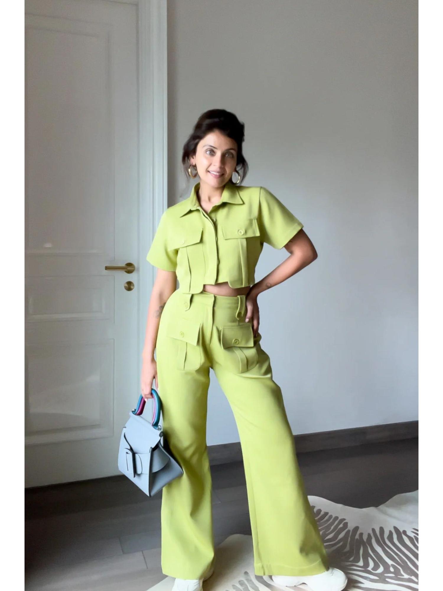 Olive Green Crepe Palin Crop Shirt and Pant