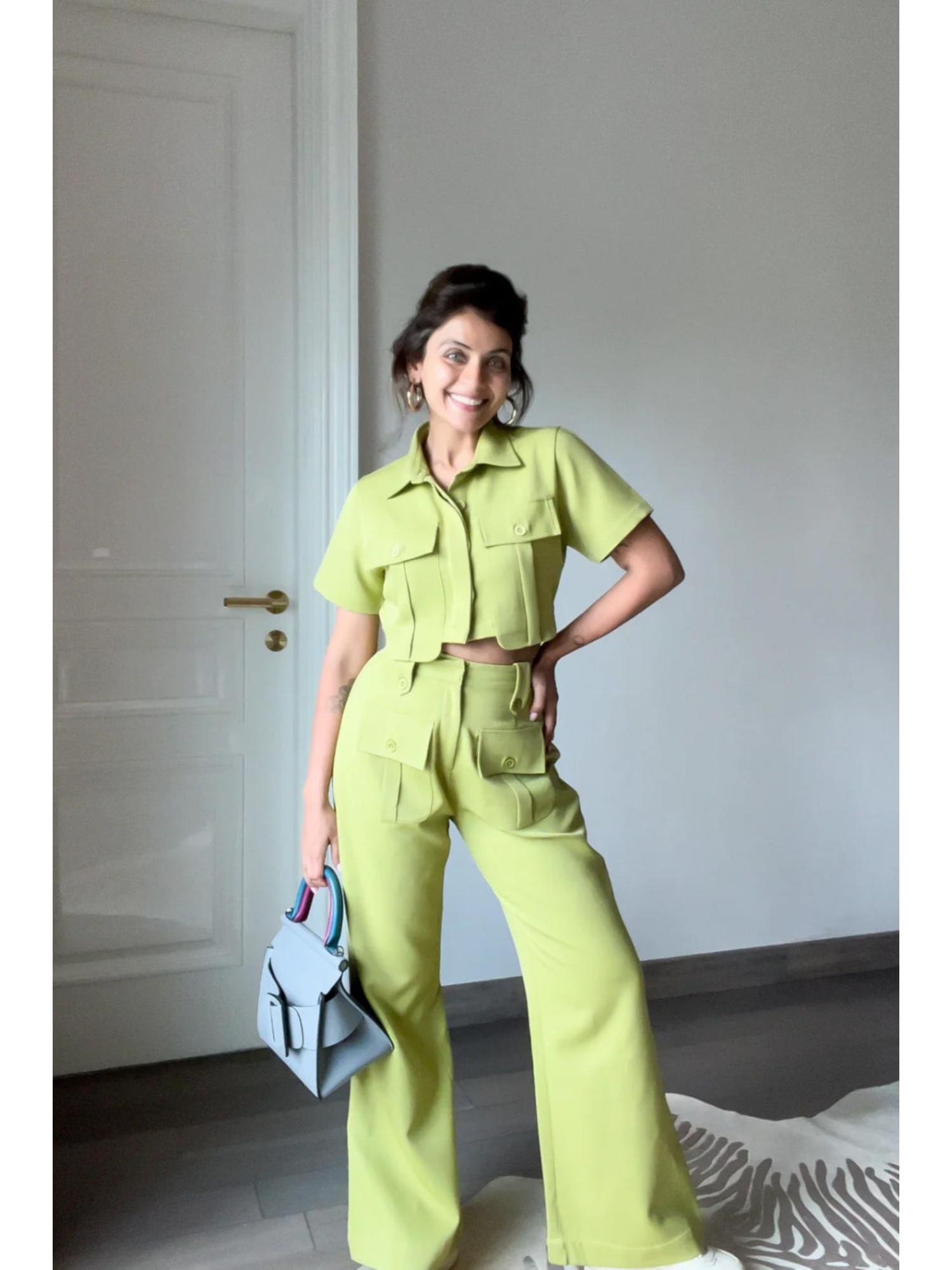 Olive Green Crepe Palin Crop Shirt and Pant
