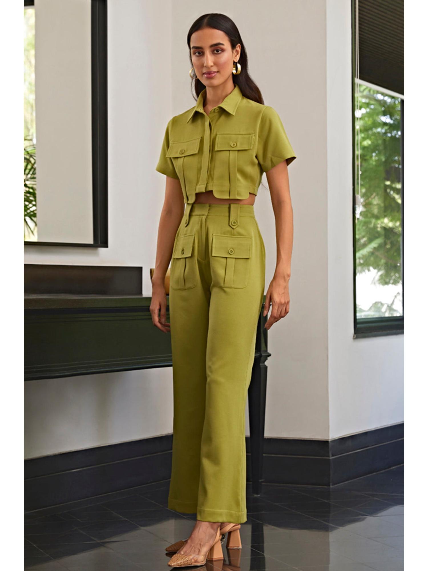 Olive Green Crepe Palin Crop Shirt and Pant
