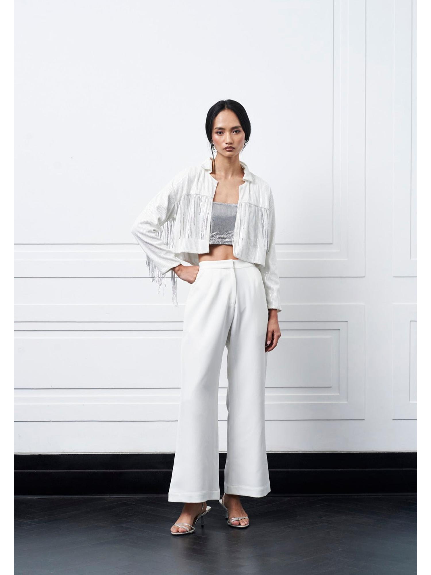 Tora White Lycra Plain Top and Pant