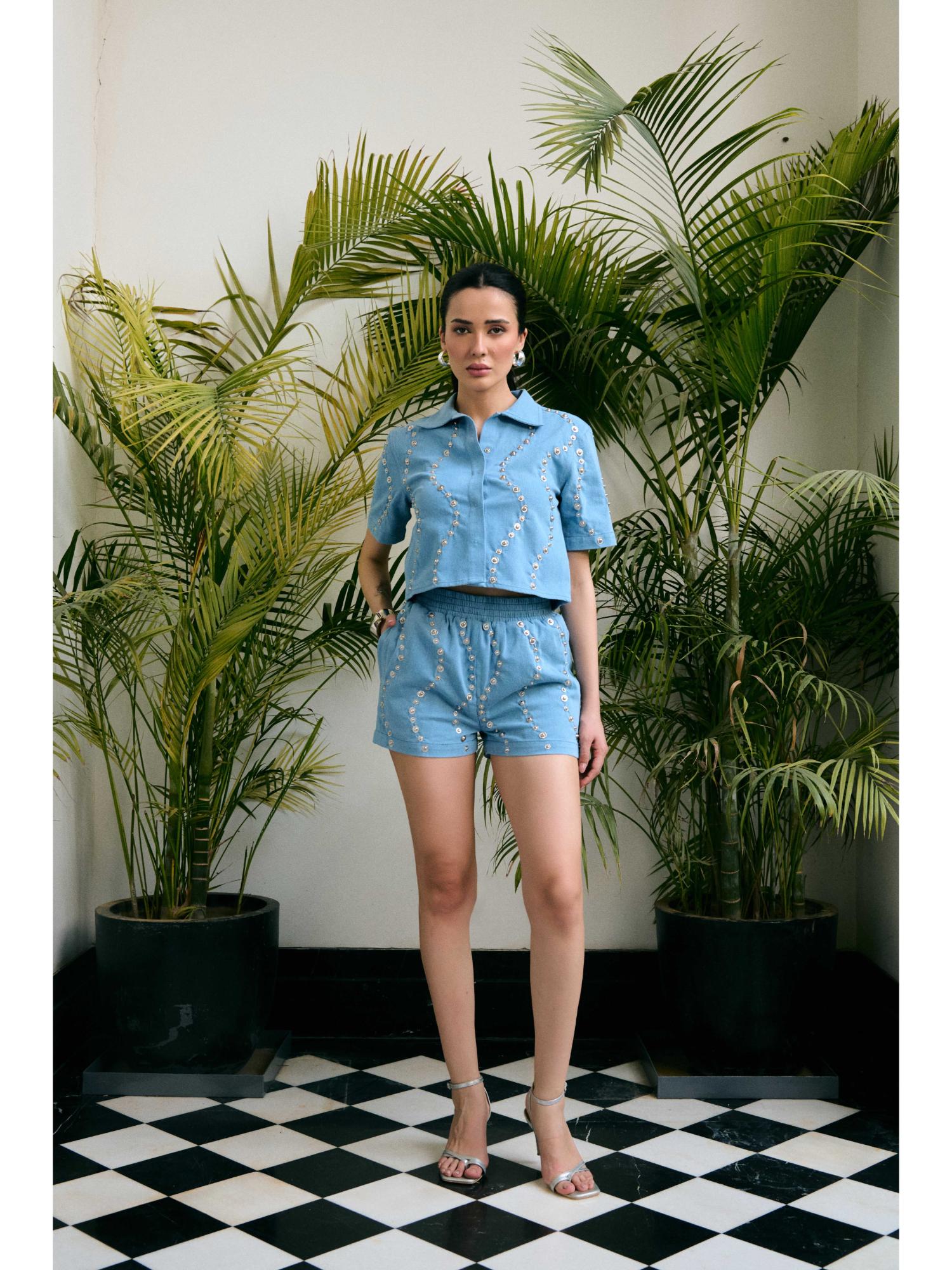 Zaza Blue Denim Shirt with Shorts
