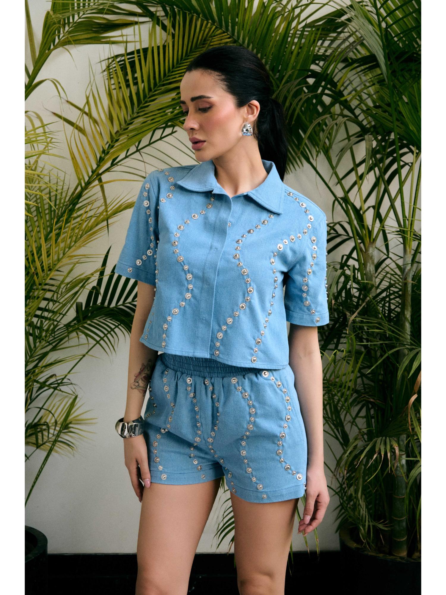 Zaza Blue Denim Shirt with Shorts