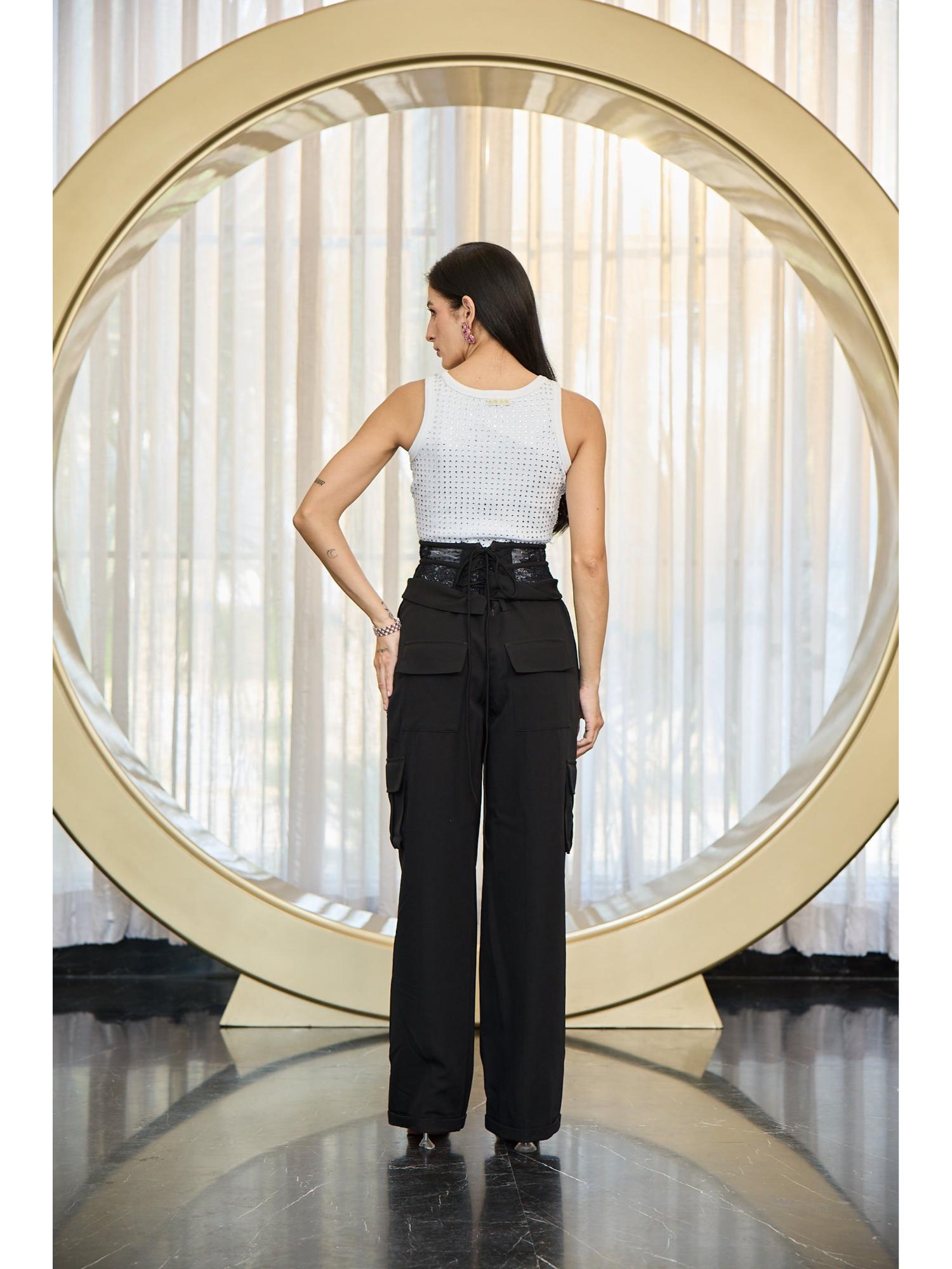 Cobo Black Crepe Solid Trouser