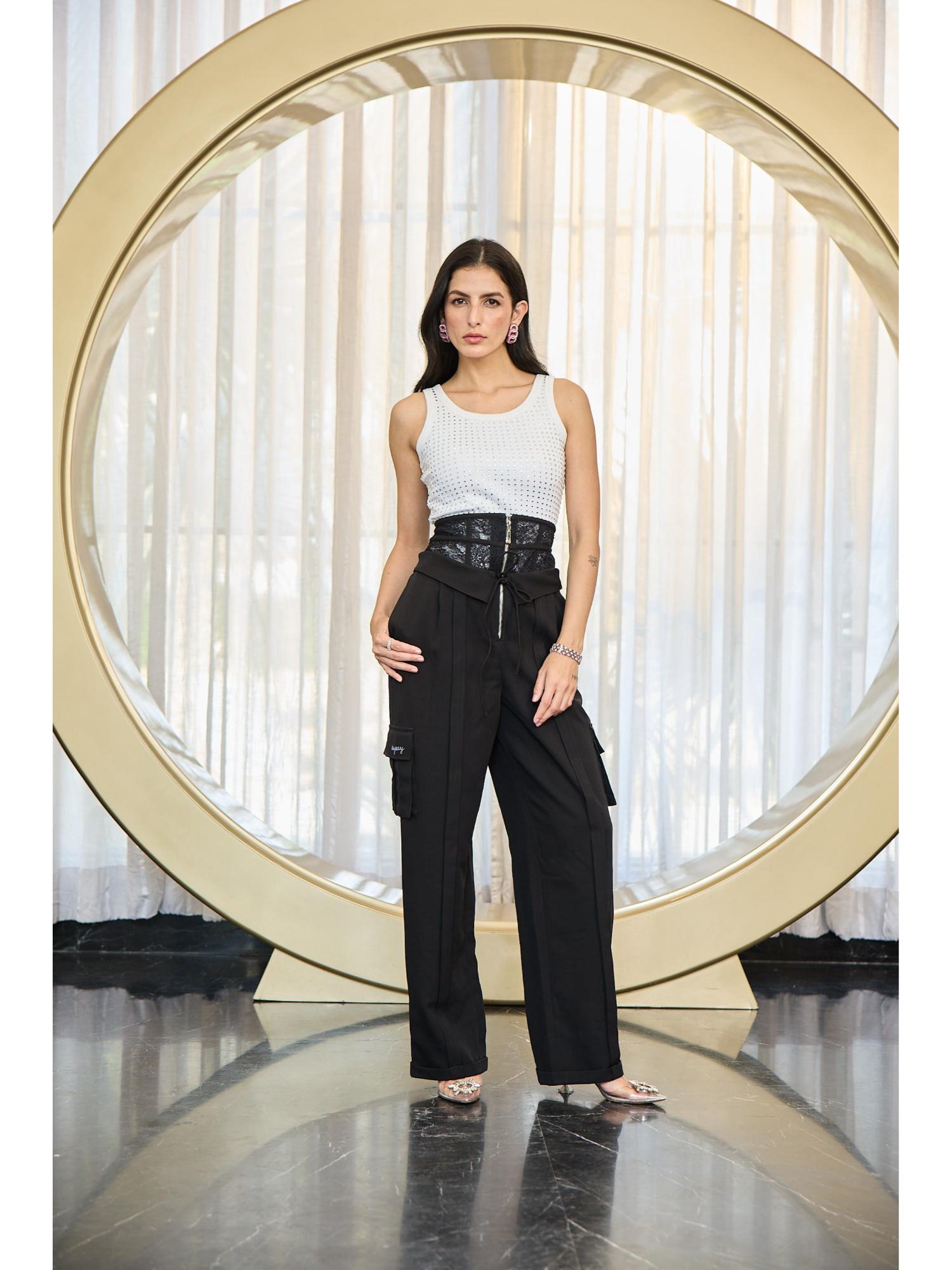 Cobo Black Crepe Solid Trouser