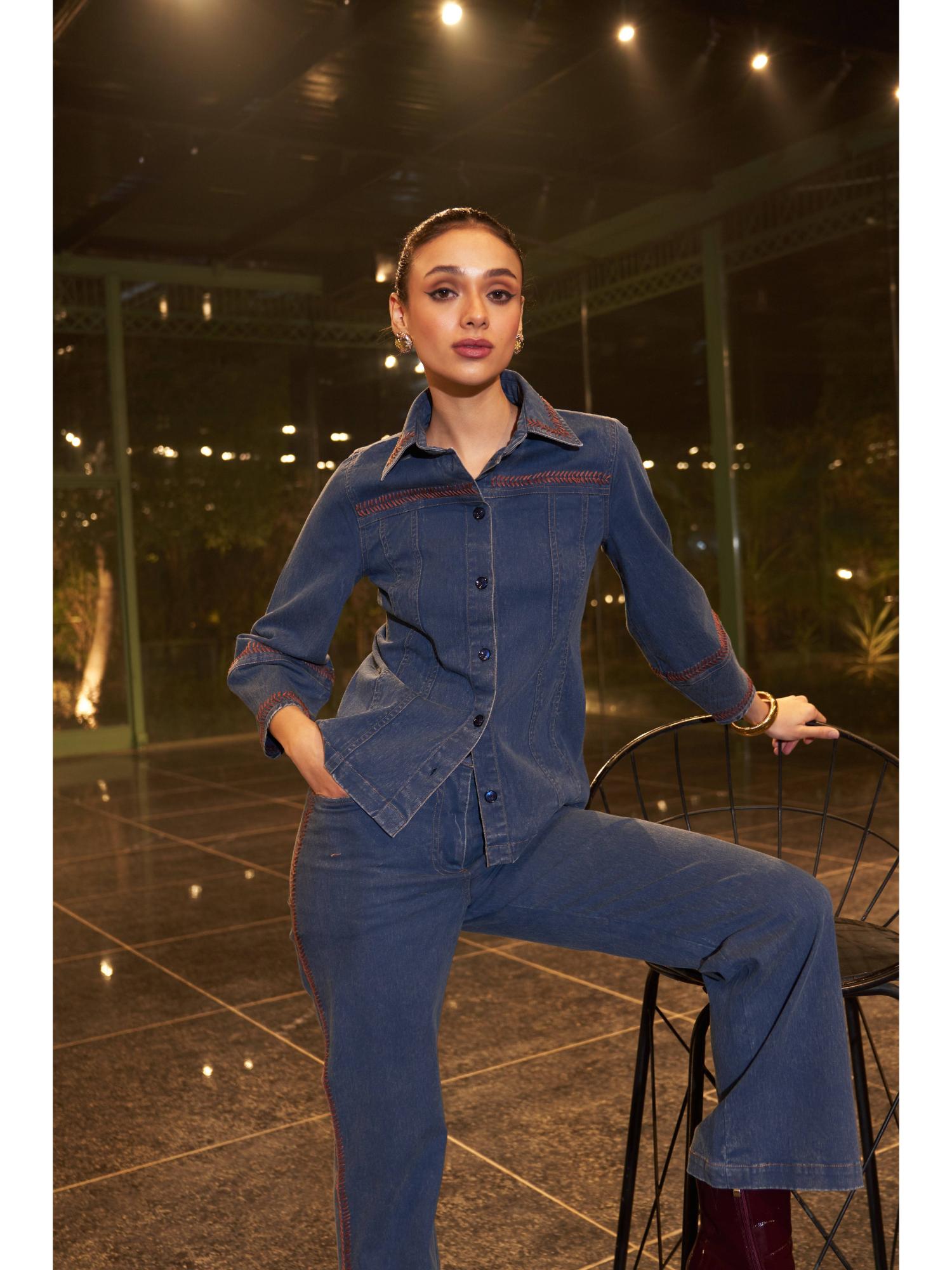 Reta Blue Denim Plain Top with Pant