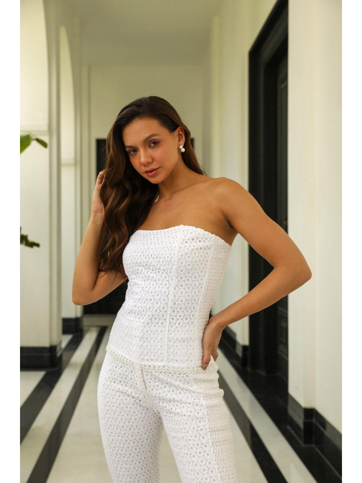 Miu White Cotton Thread Work Top with Pant