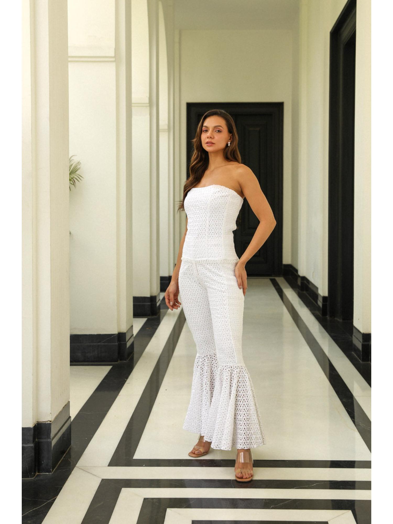 Miu White Cotton Thread Work Top with Pant