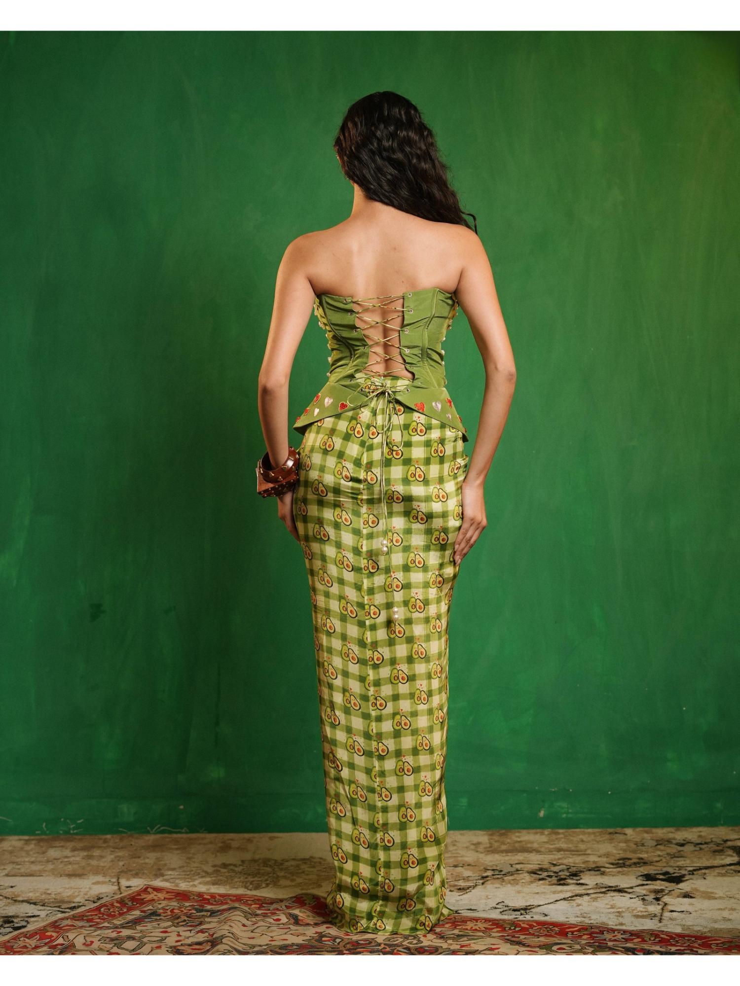 Green Avocado Printed Corset Drape Set