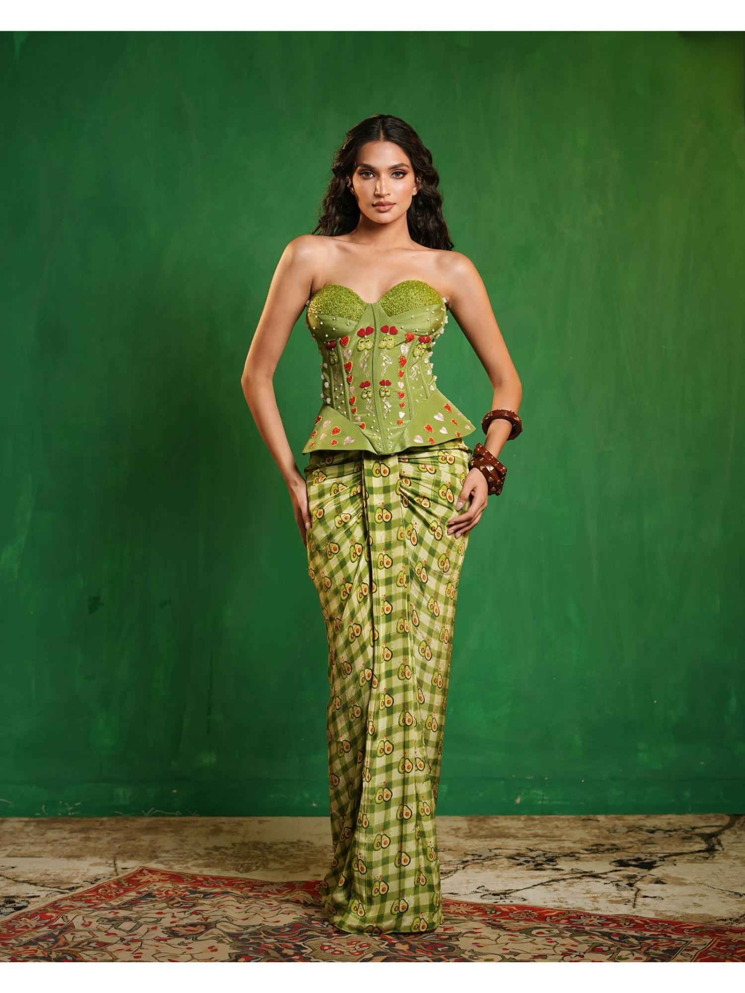 Green Avocado Printed Corset Drape Set