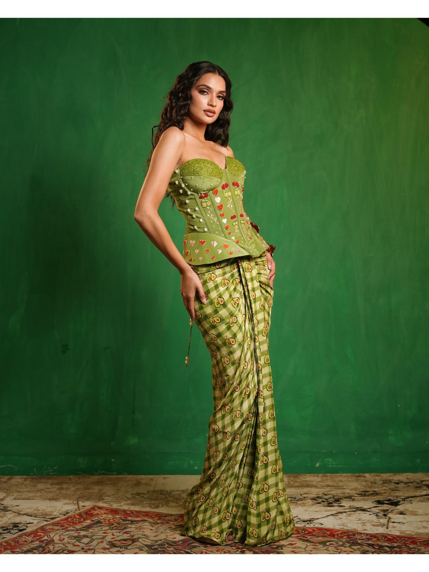 Green Avocado Printed Corset Drape Set