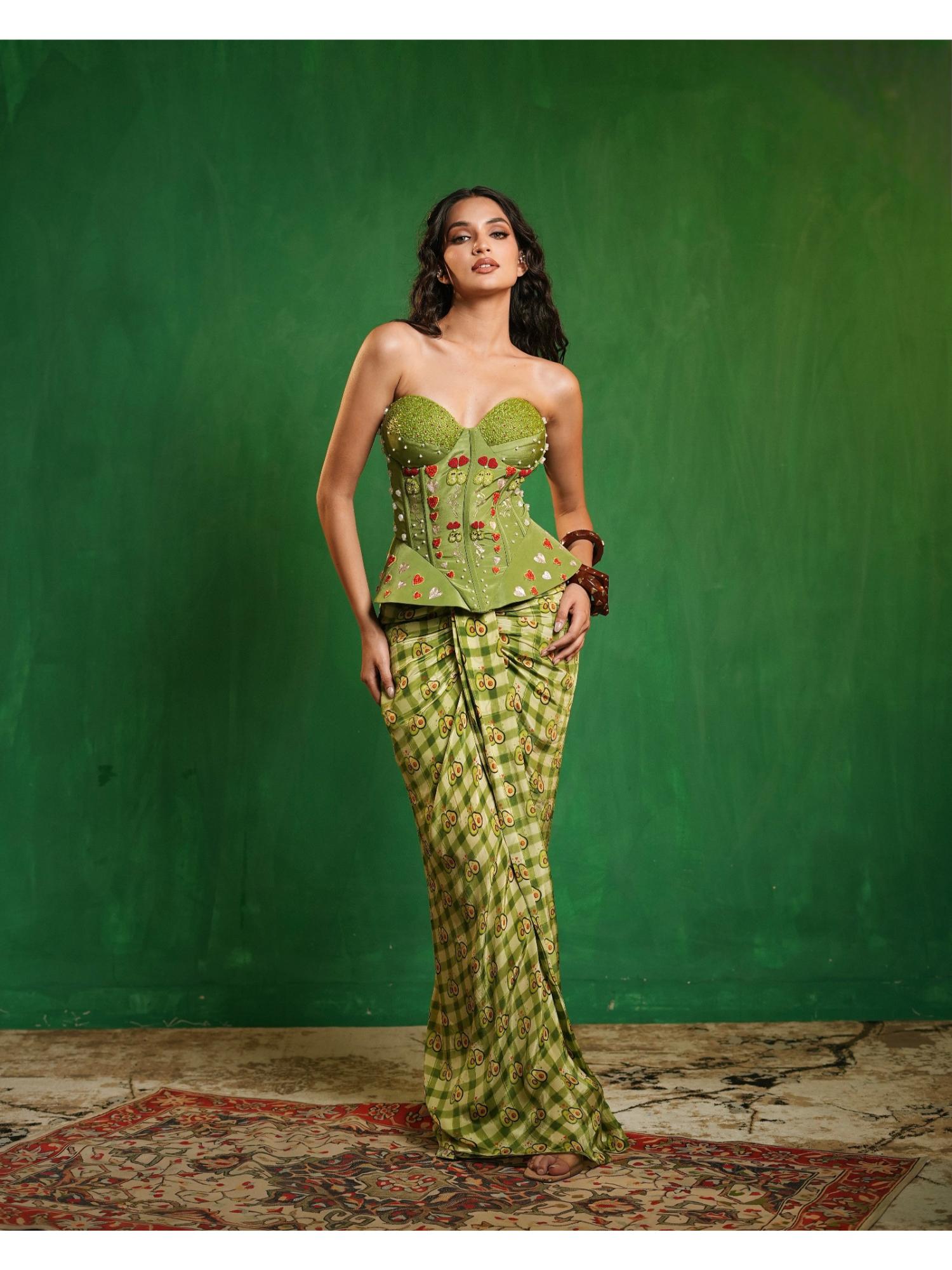Green Avocado Printed Corset Drape Set