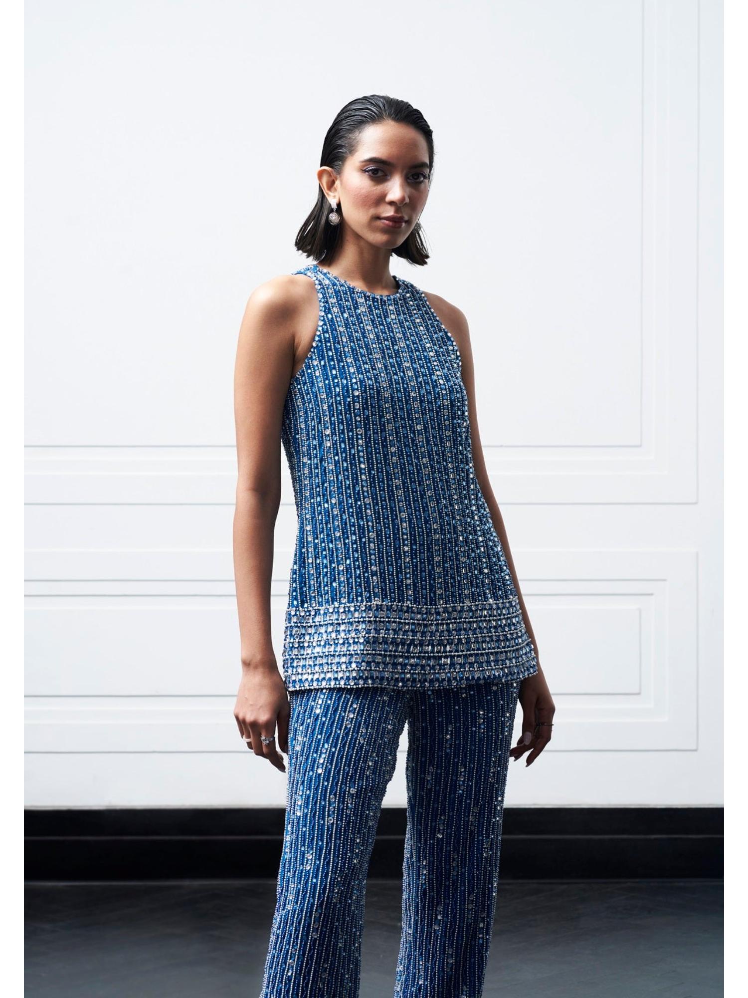 Aura Blue Embellished Top and Pant