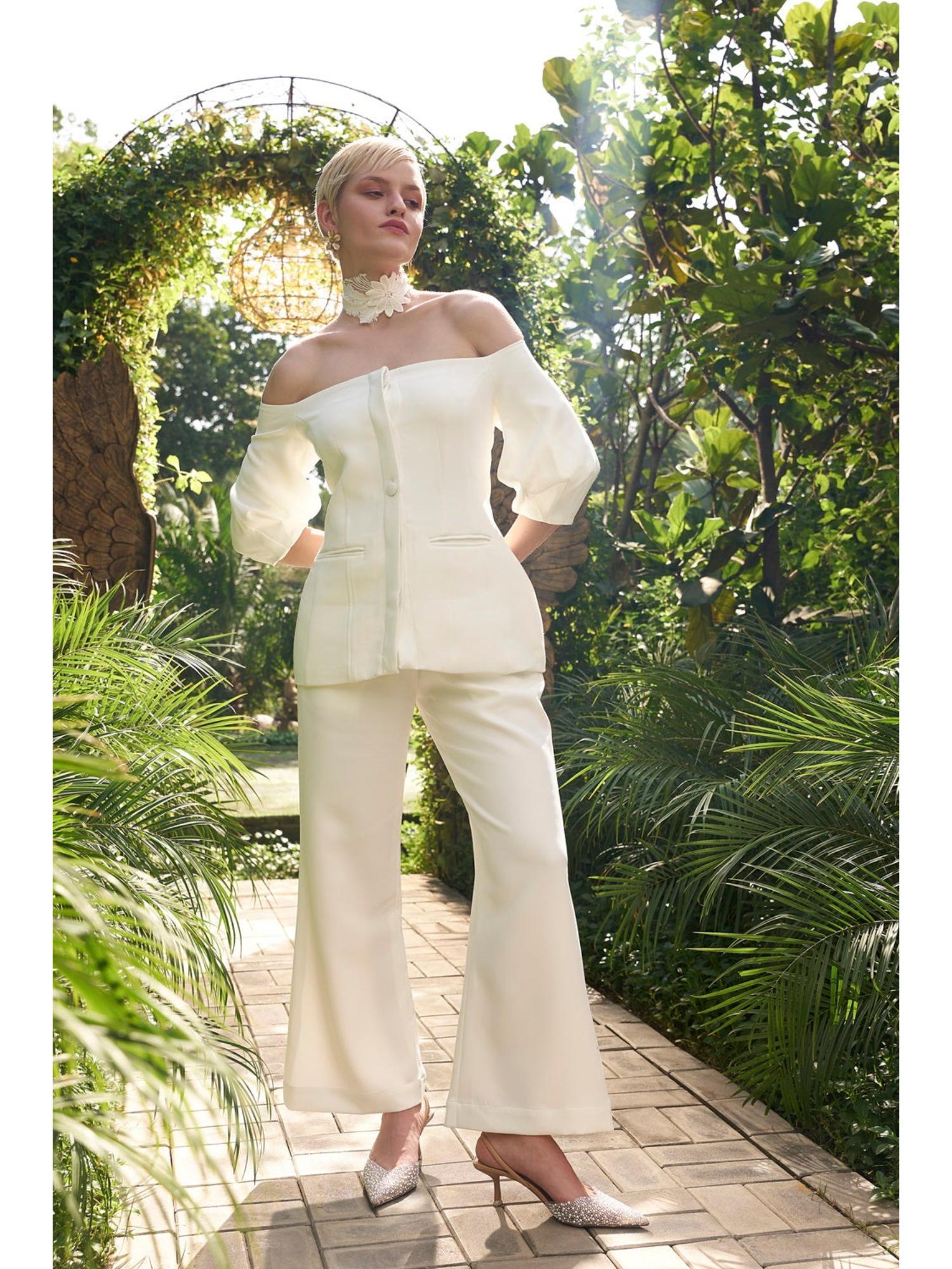 Ava Off White Plain Blazer with Pant