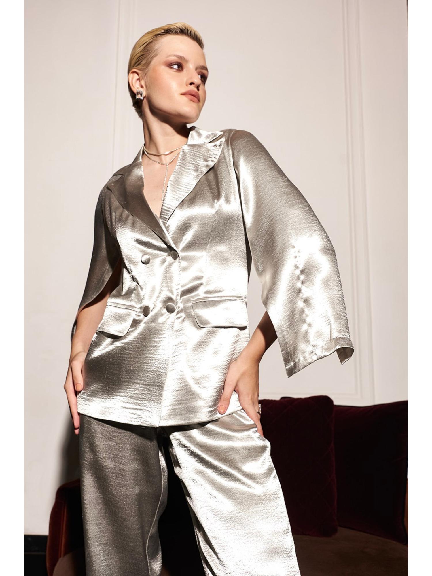 Emilia Silver Satin Blazer with Pant