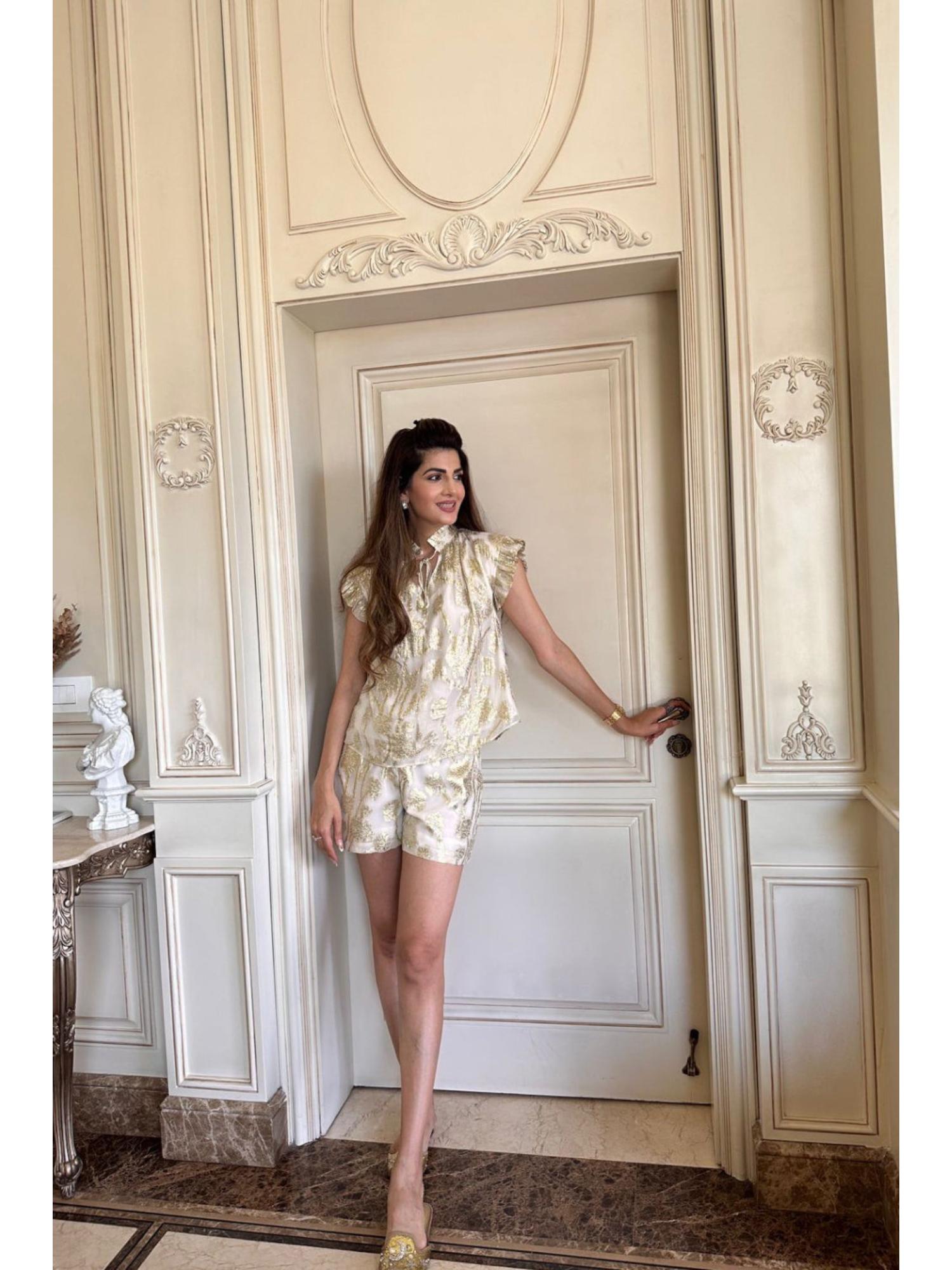 Gold Lurex Ivory Thread Work Top and Short