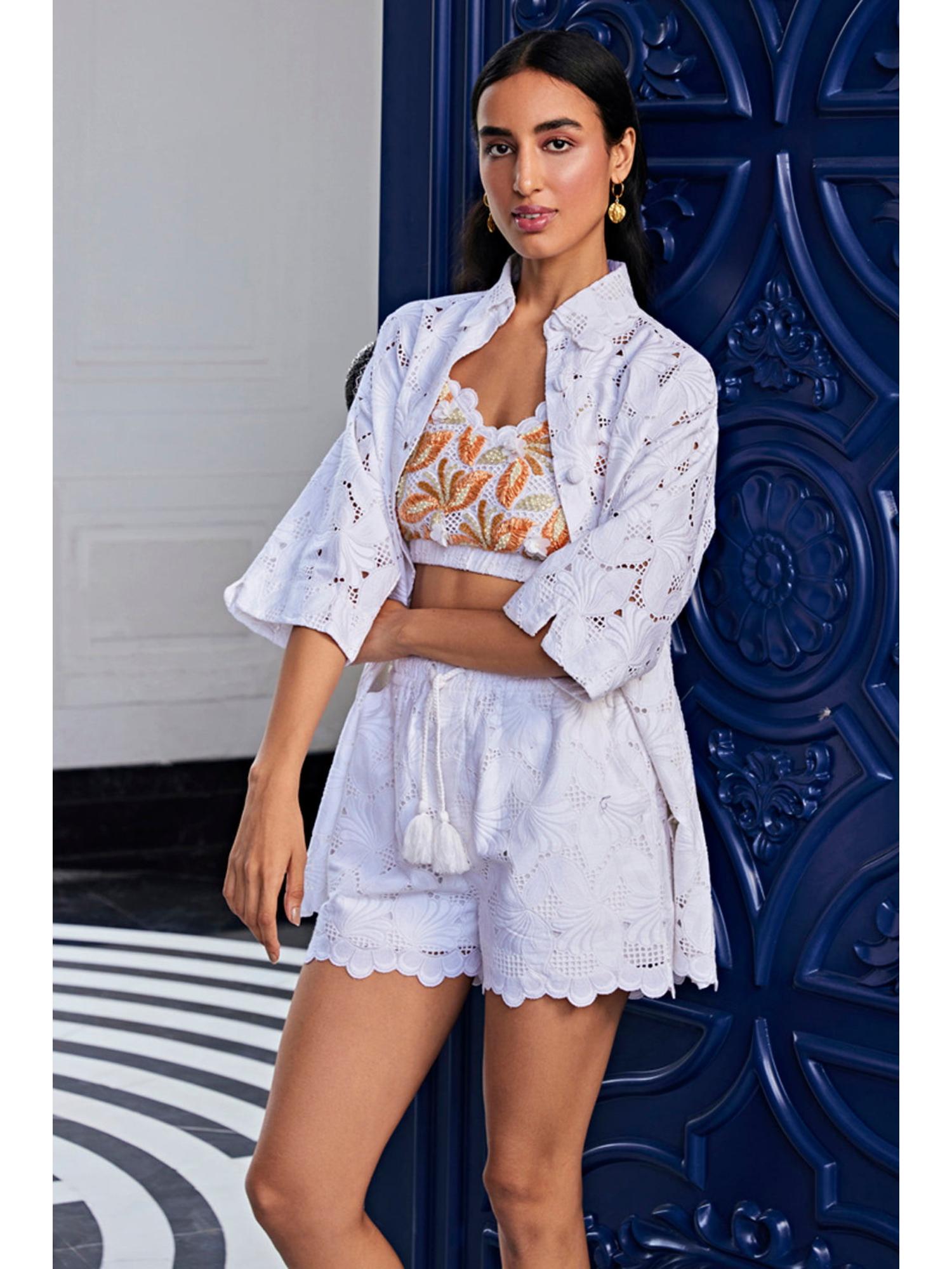 Schiffli Off White Embroidered Shirt and Shorts with Bralette