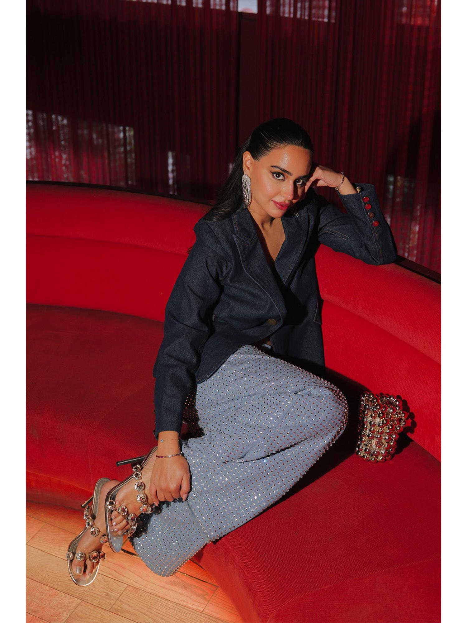 Naomi Swarovski Blue Embellished Trouser