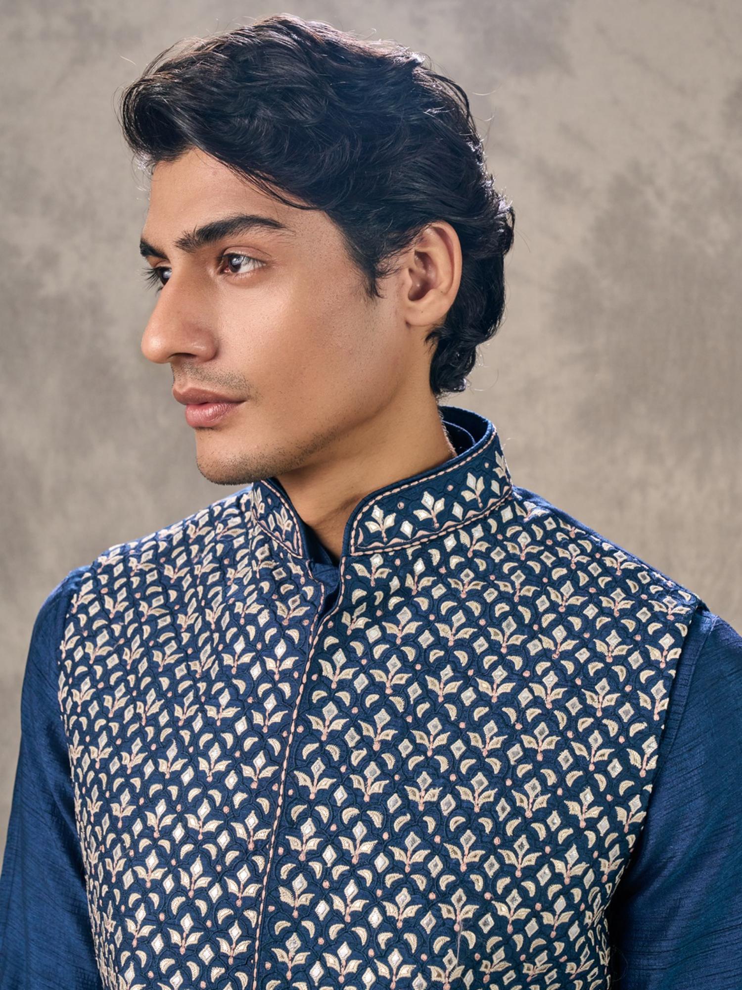 Navy Blue Splendour Kurta with Churidar and Jacket