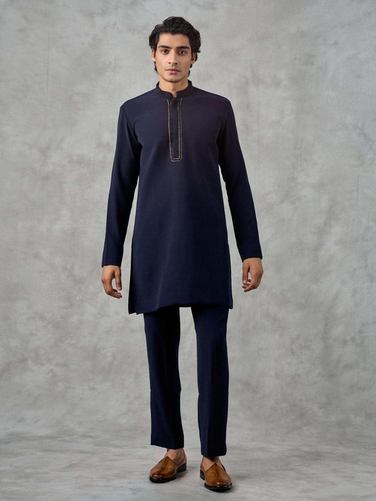 Navy Blue Blended Viscose Kurta with Trouser and Jacket