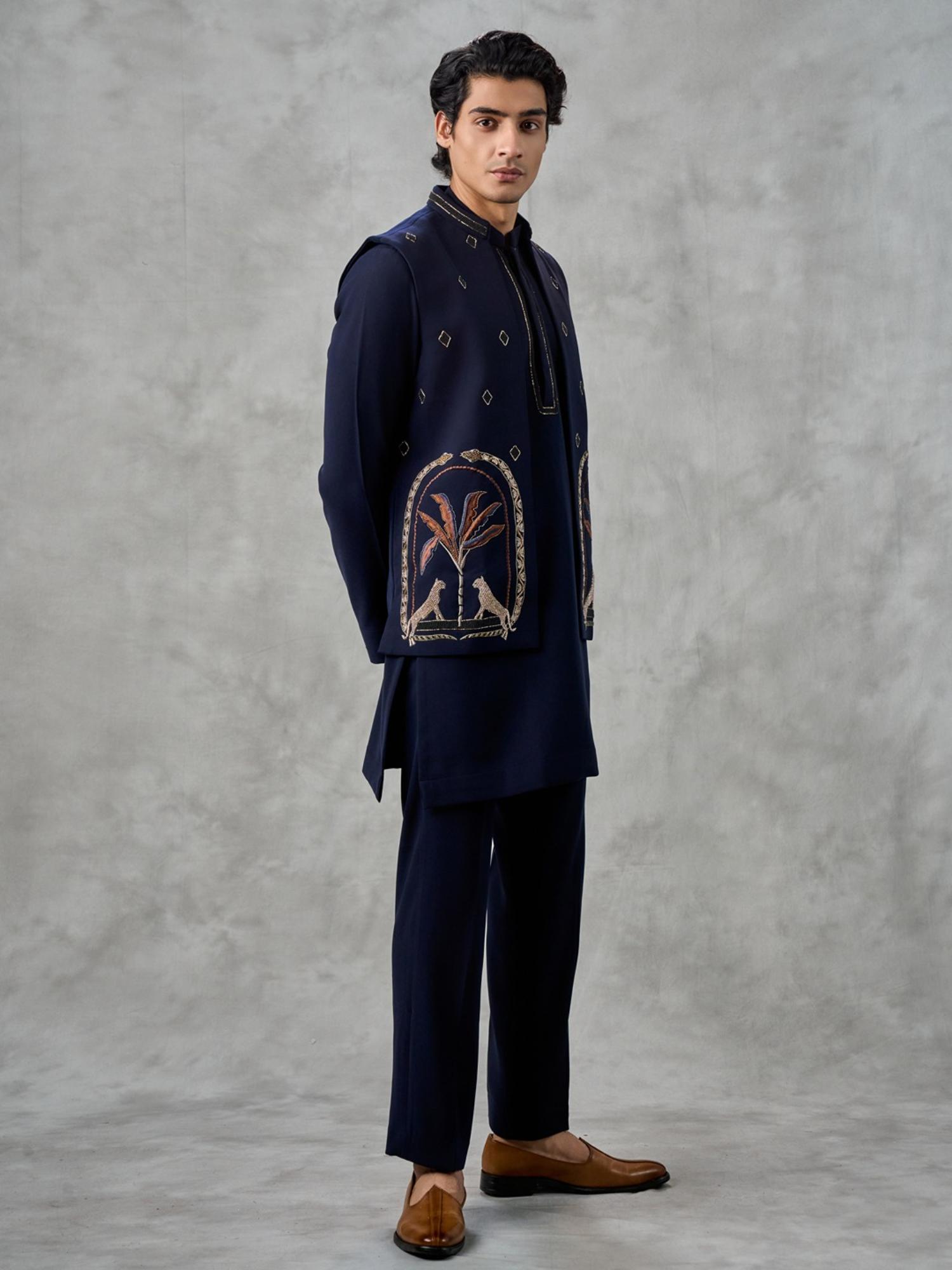 Navy Blue Blended Viscose Kurta with Trouser and Jacket