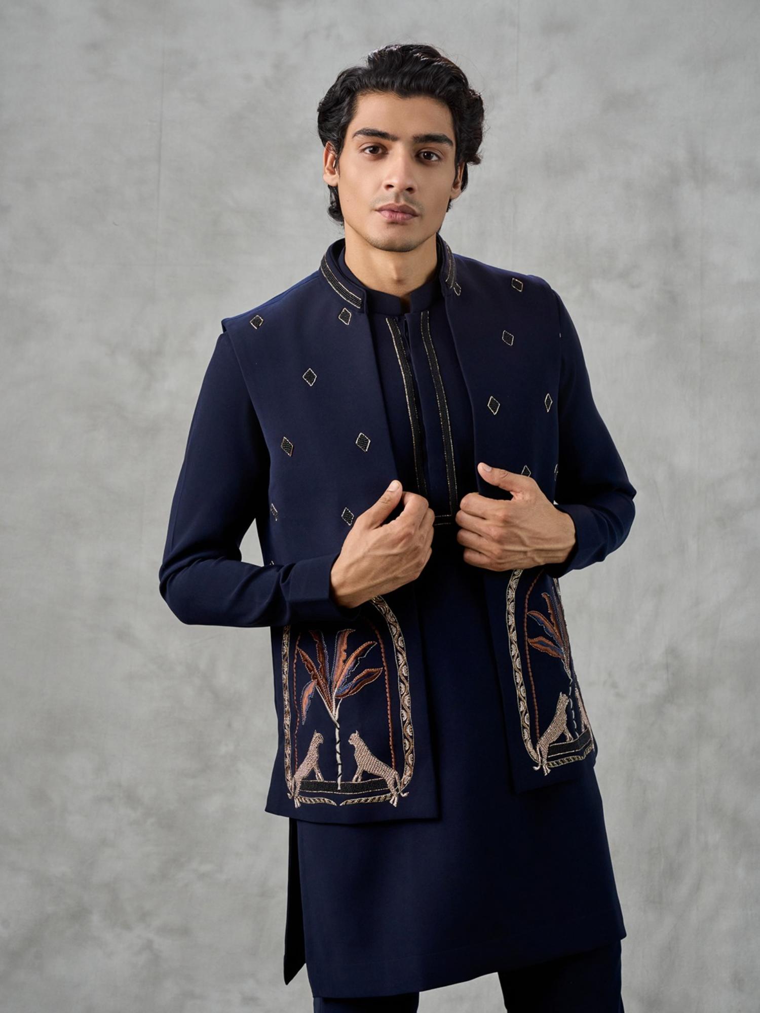 Navy Blue Blended Viscose Kurta with Trouser and Jacket