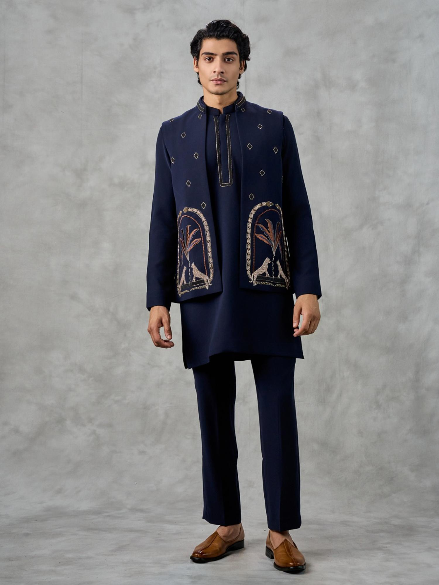 Navy Blue Blended Viscose Kurta with Trouser and Jacket