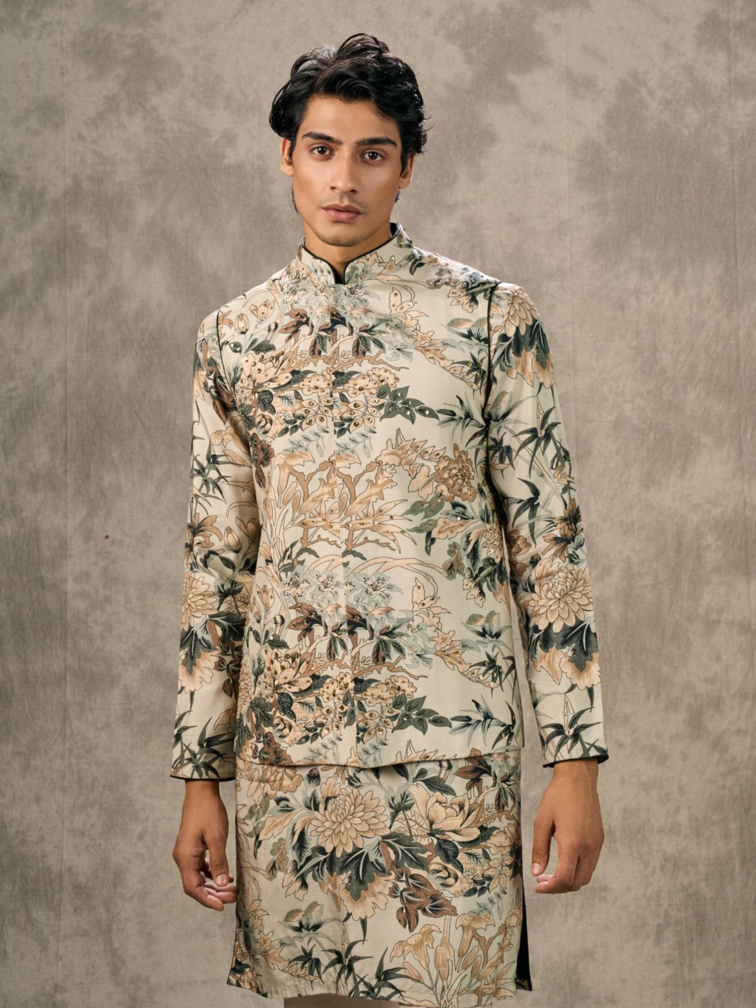 Cream Elegance Kurta with Trouser and Jacket