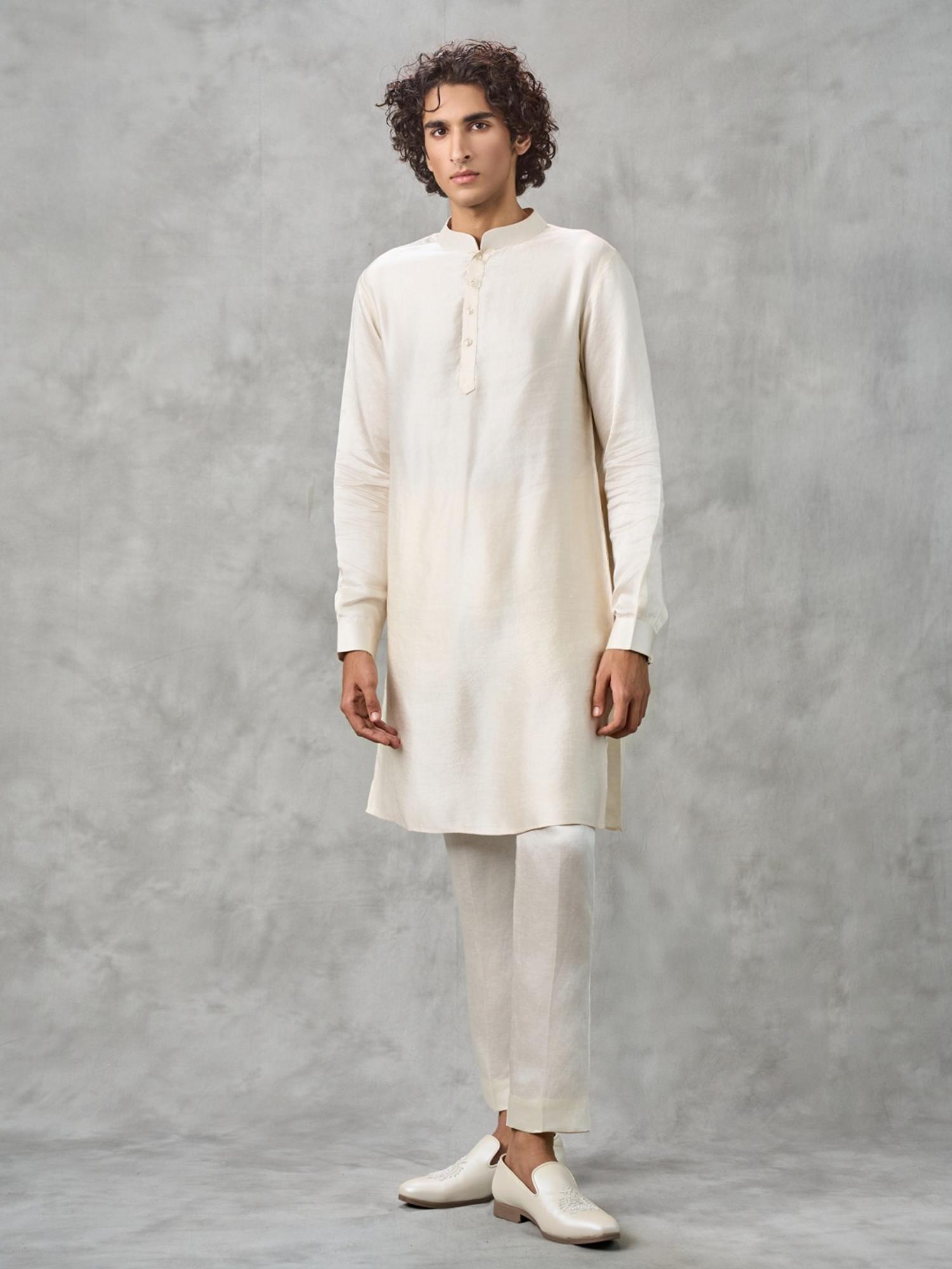 Cream Satin Kurta with Trouser and Jacket