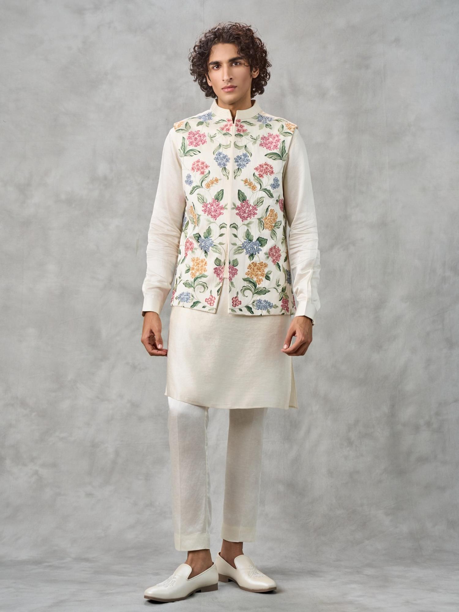 Cream Satin Kurta with Trouser and Jacket