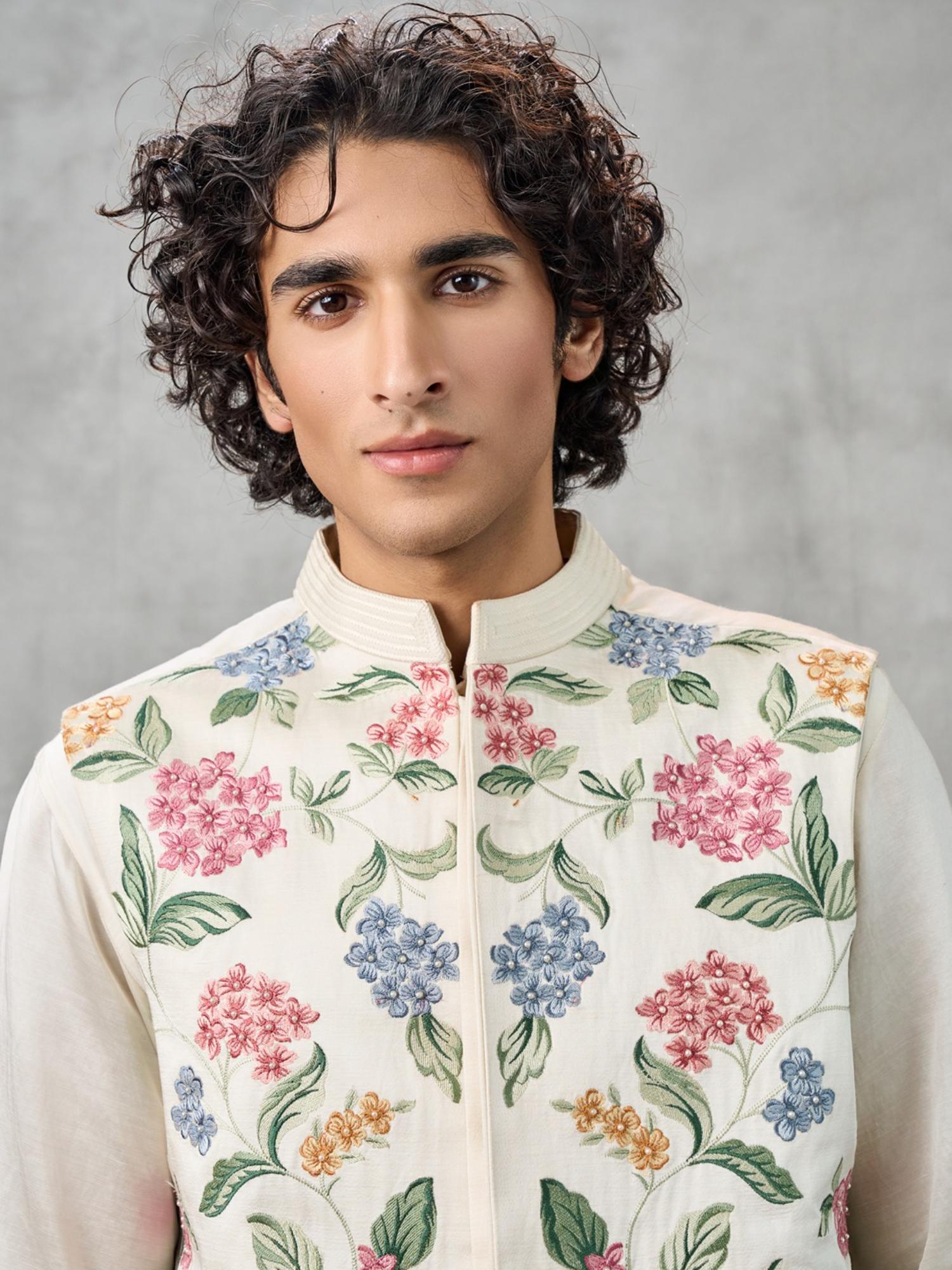 Cream Satin Kurta with Trouser and Jacket