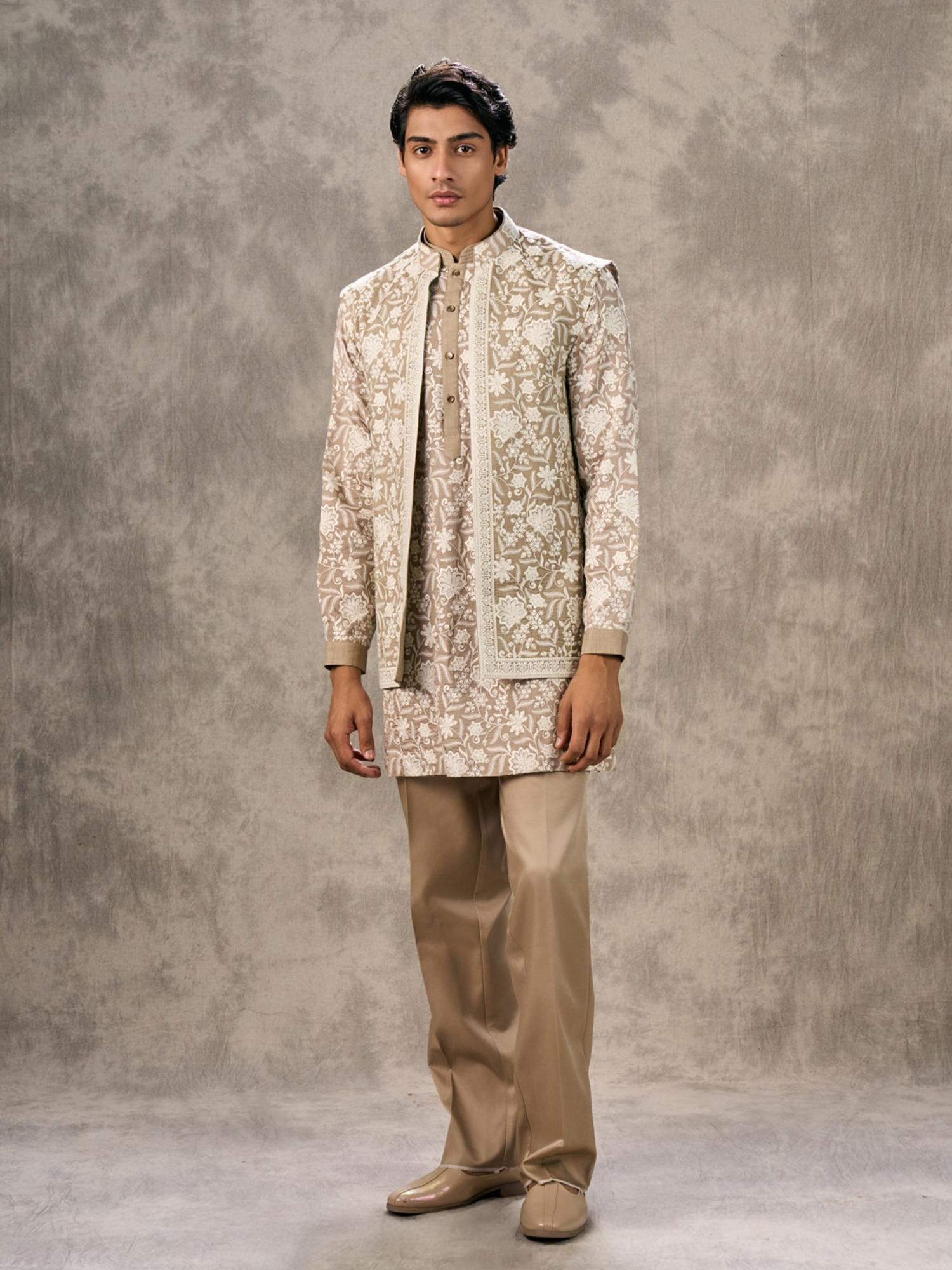 Walnut Toned Kurta with Trouser and Jacket