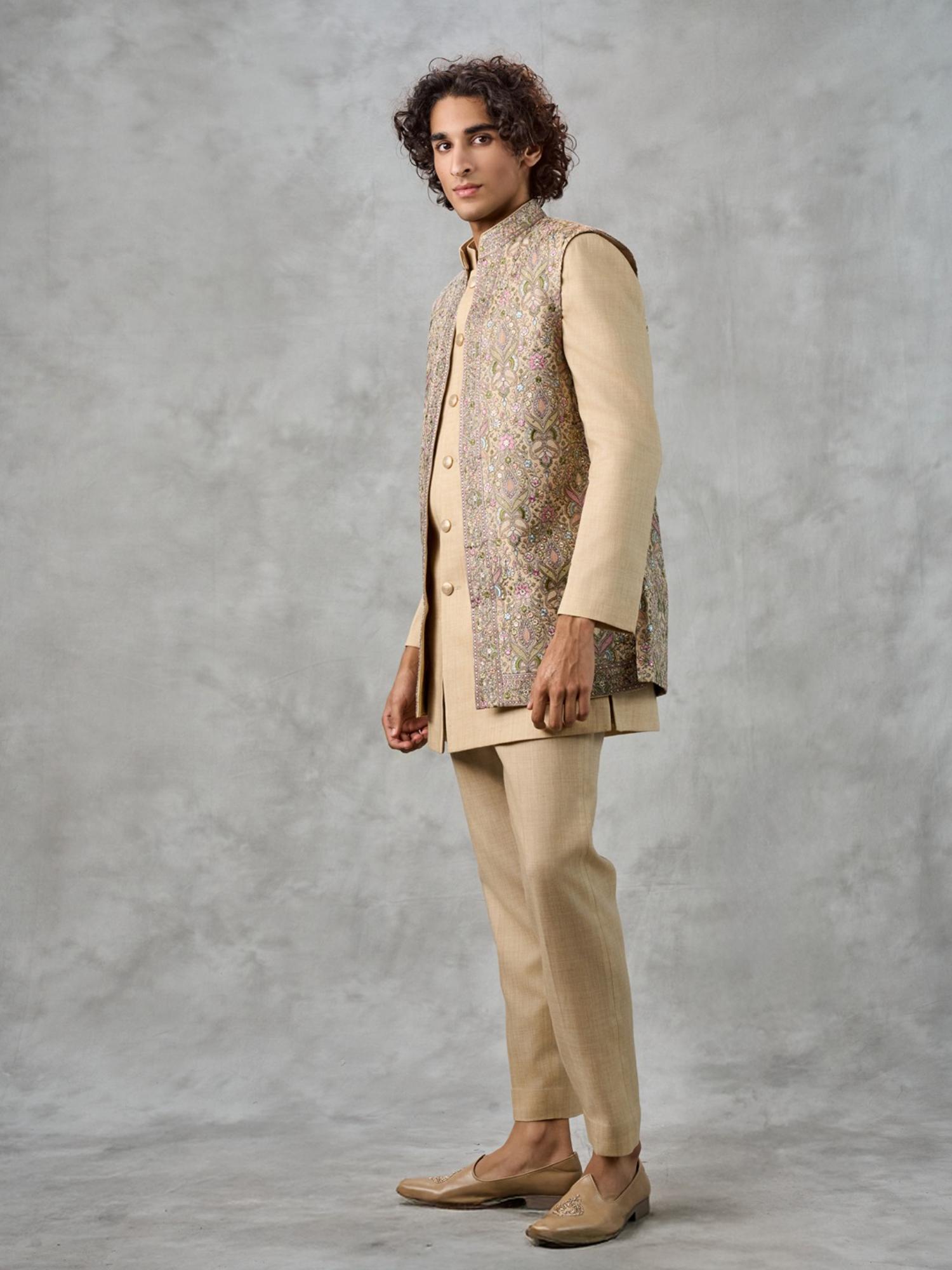 Elegant Beige Georgette Kurta with Trouser and Jacket