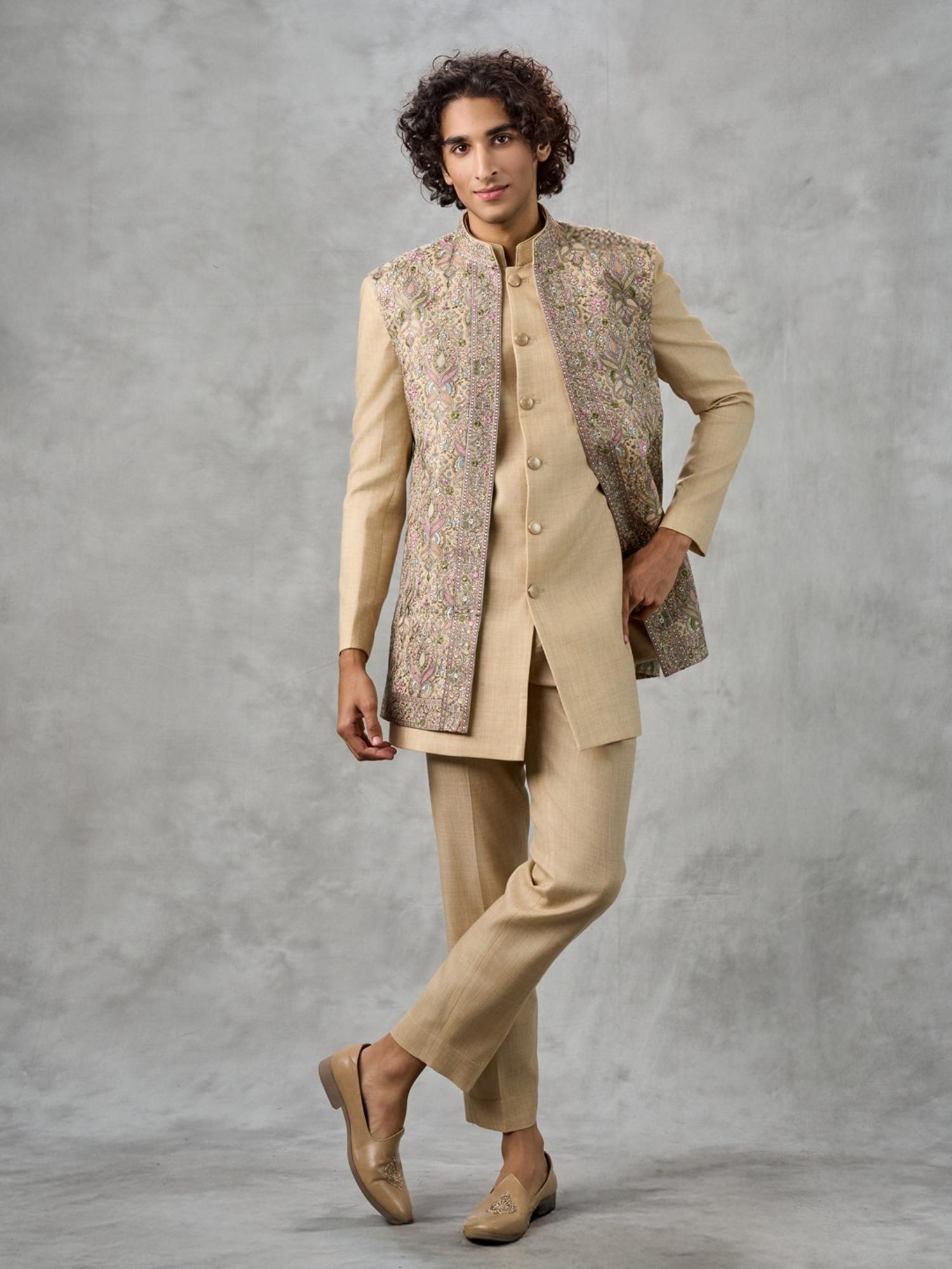 Elegant Beige Georgette Kurta with Trouser and Jacket
