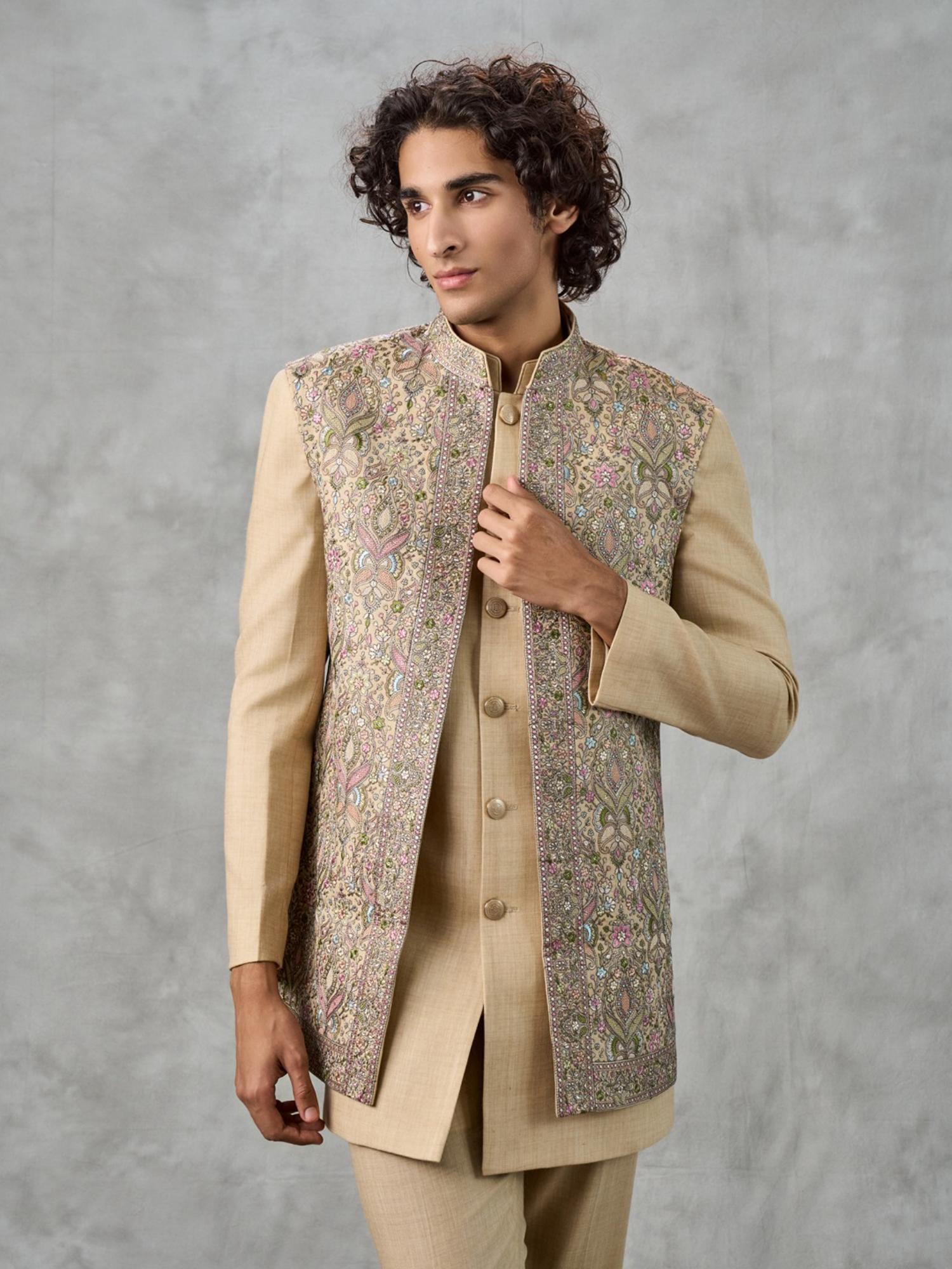 Elegant Beige Georgette Kurta with Trouser and Jacket