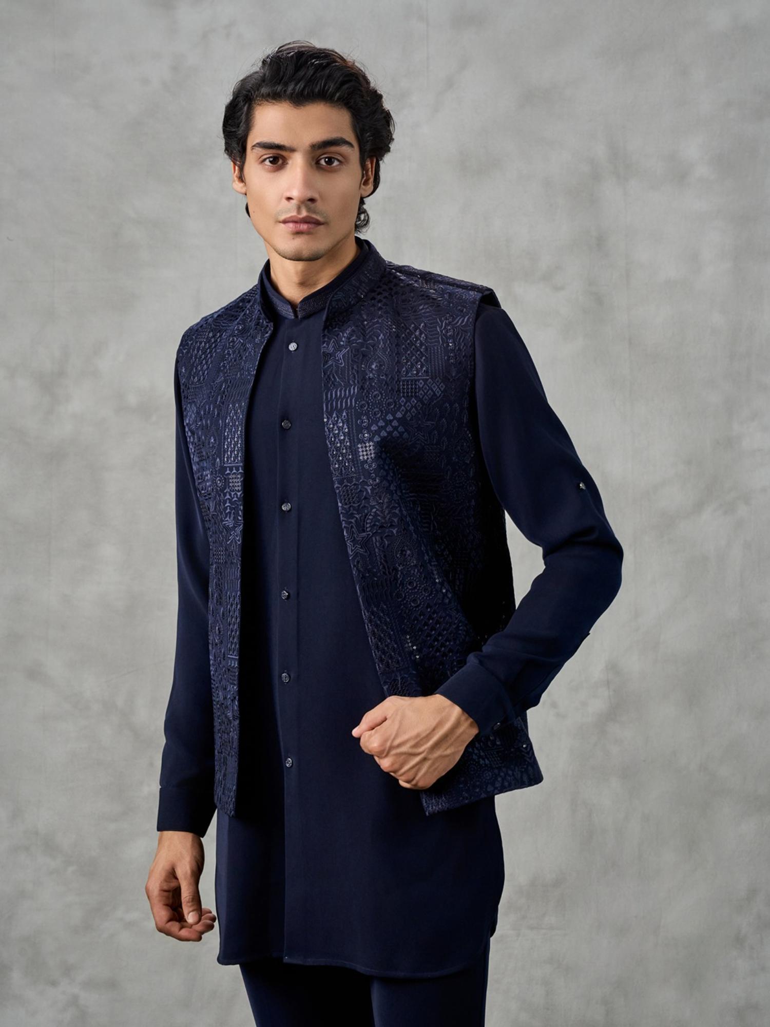Navy Blue Elegance Kurta with Pant and Jacket