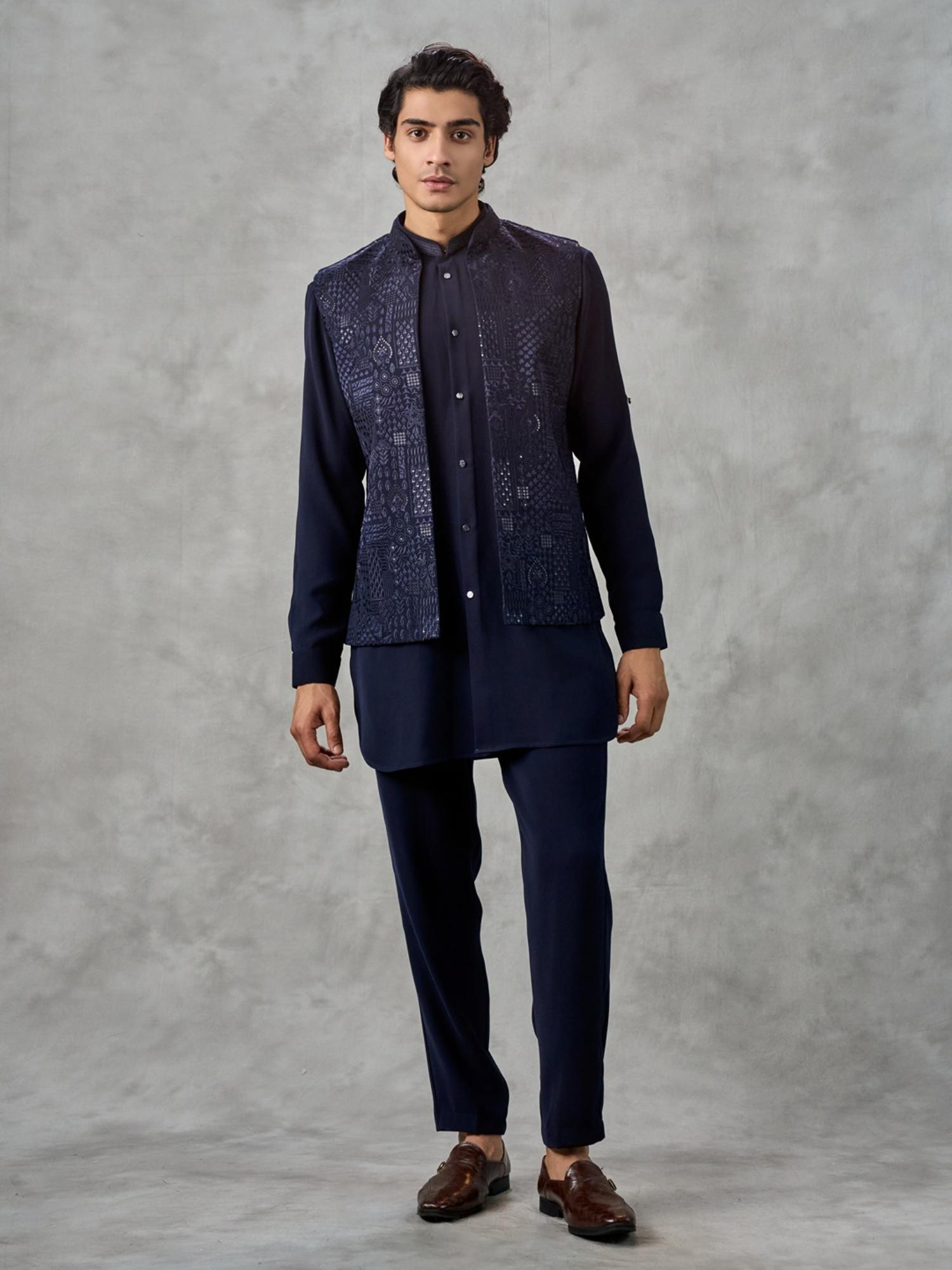 Navy Blue Elegance Kurta with Pant and Jacket
