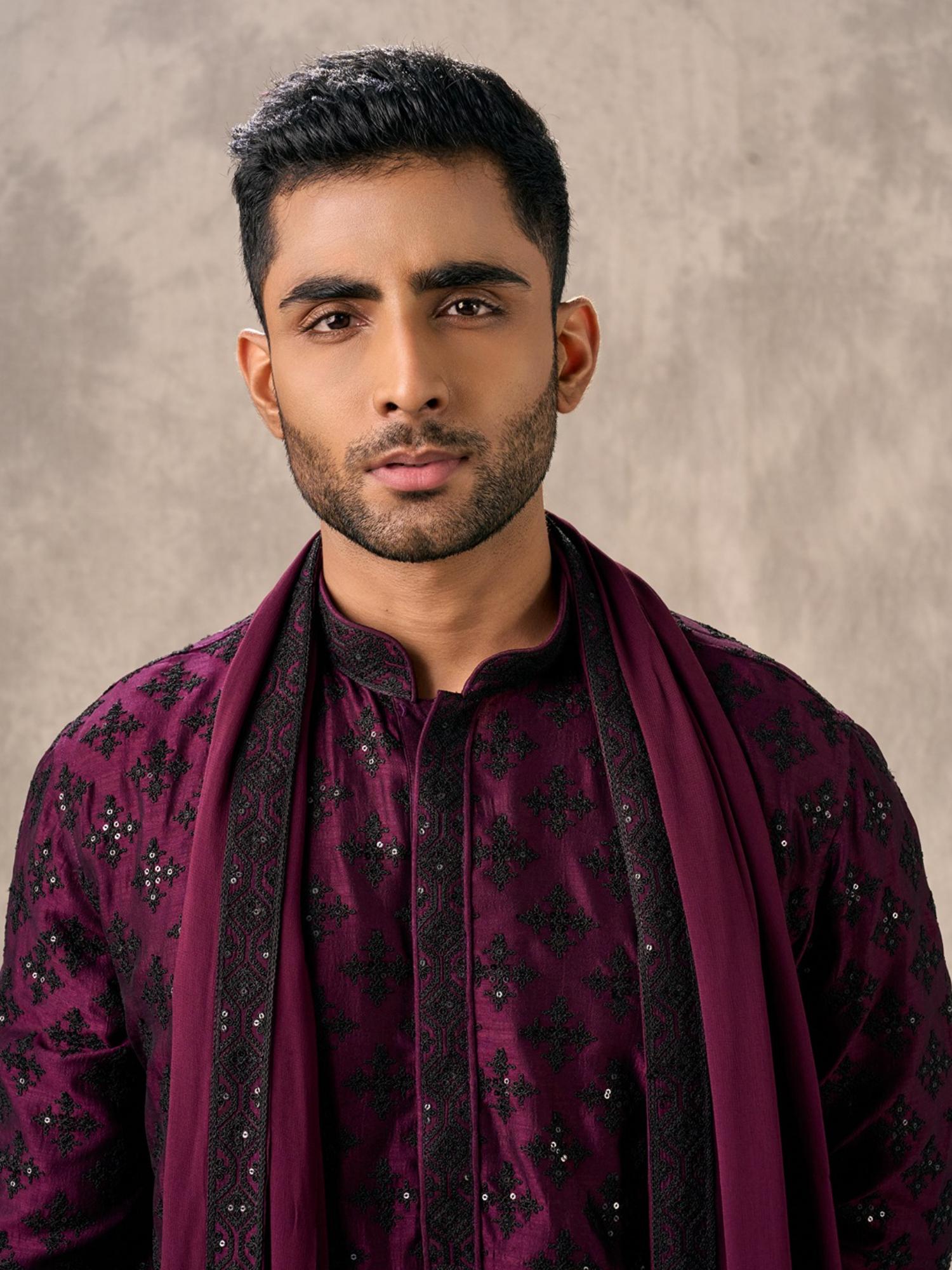Glamorous Wine Kurta with Pant and Dupatta