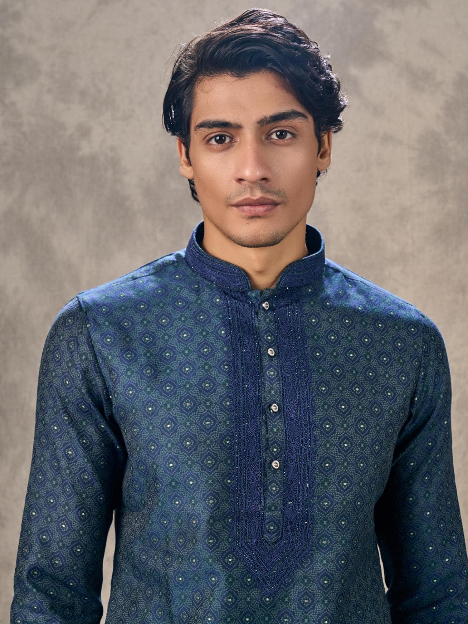 Dark Blue Royal Brocade Kurta with Churidar
