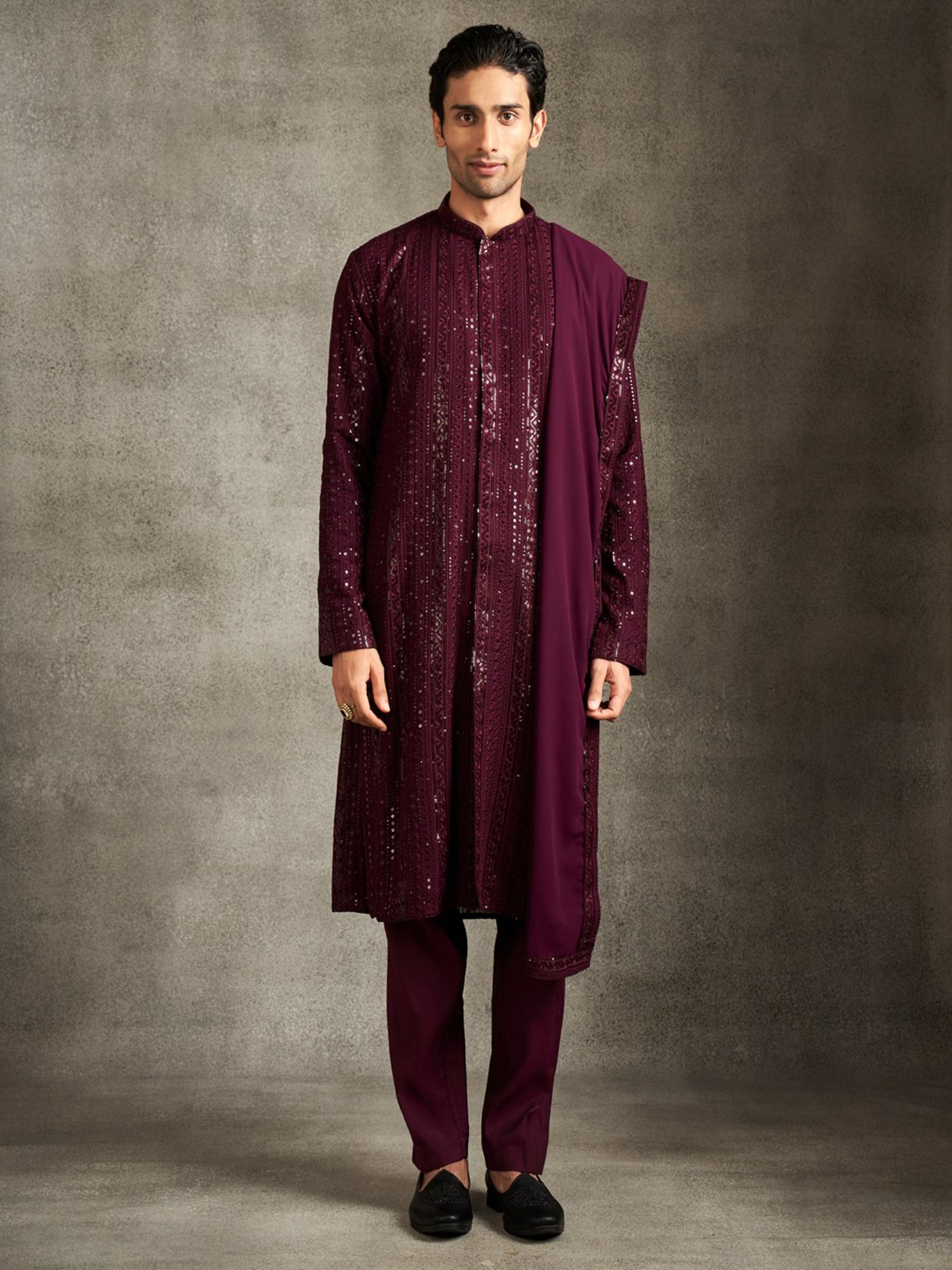 Elegant Wine Georgette Kurta and Pyjama with Dupatta